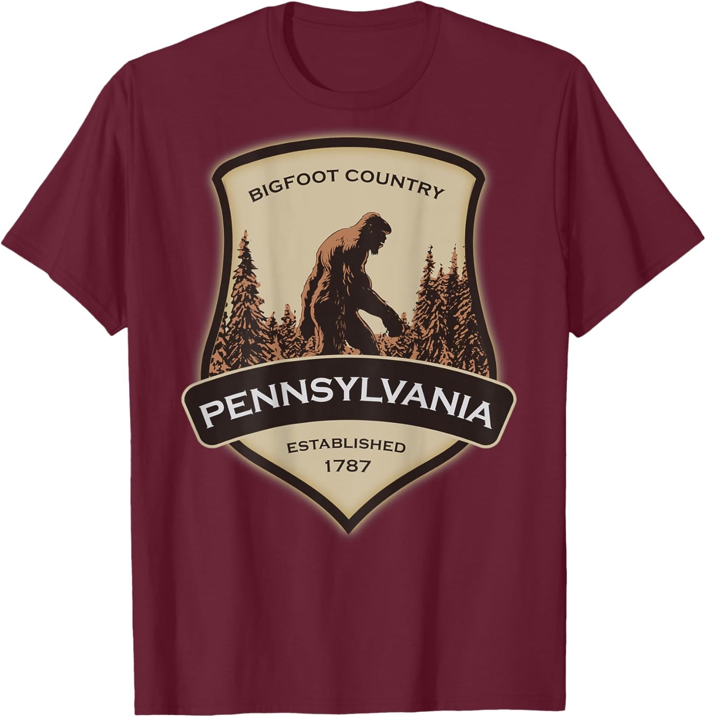 Printed On Back - Pennsylvania with a Bigfoot or Sasquatch T-Shirt - T-Shirt | Maroon