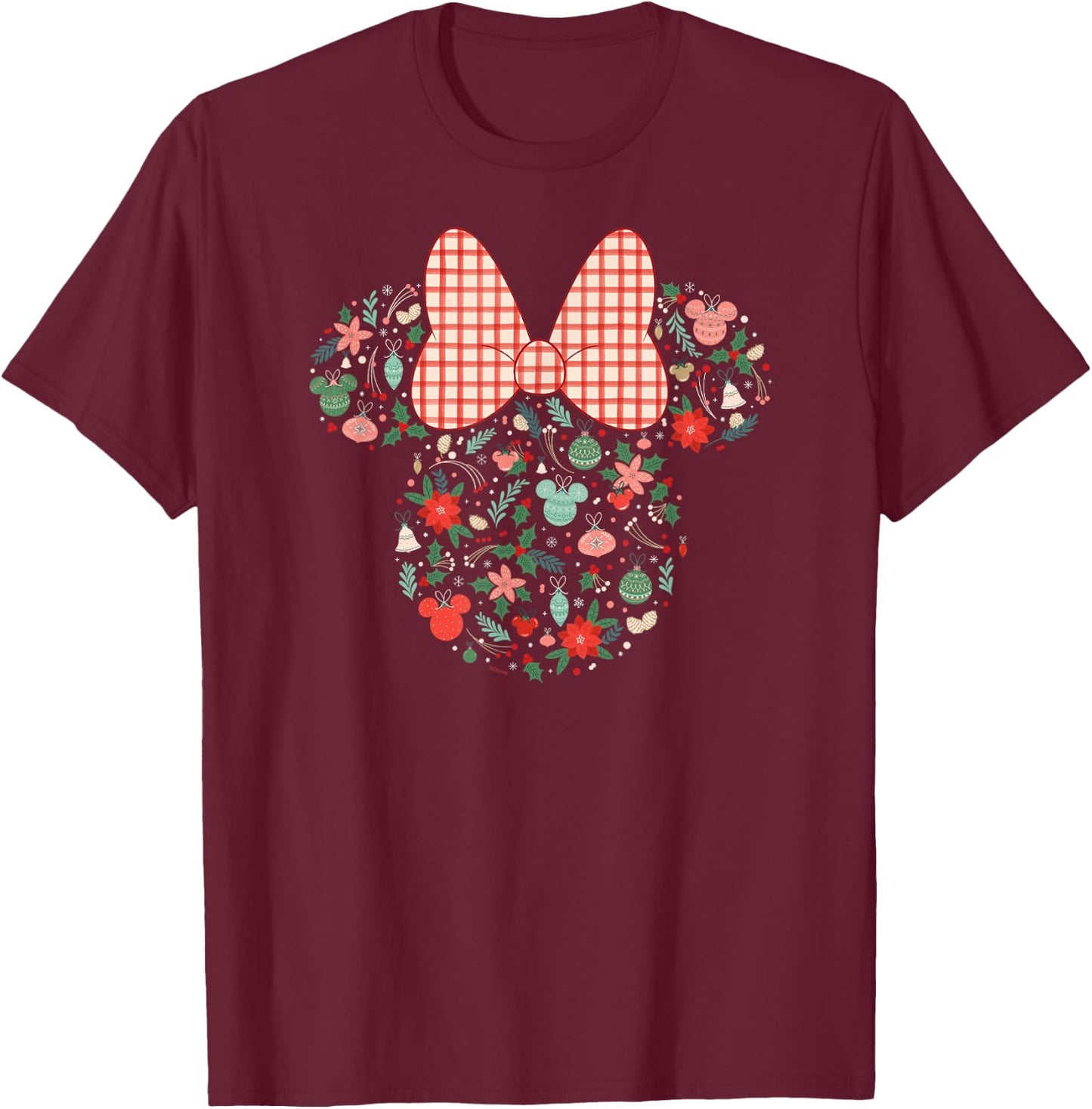 Disney Minnie Mouse Head Icon Christmas Ornaments & Holly T-Shirt - T-Shirt | Maroon