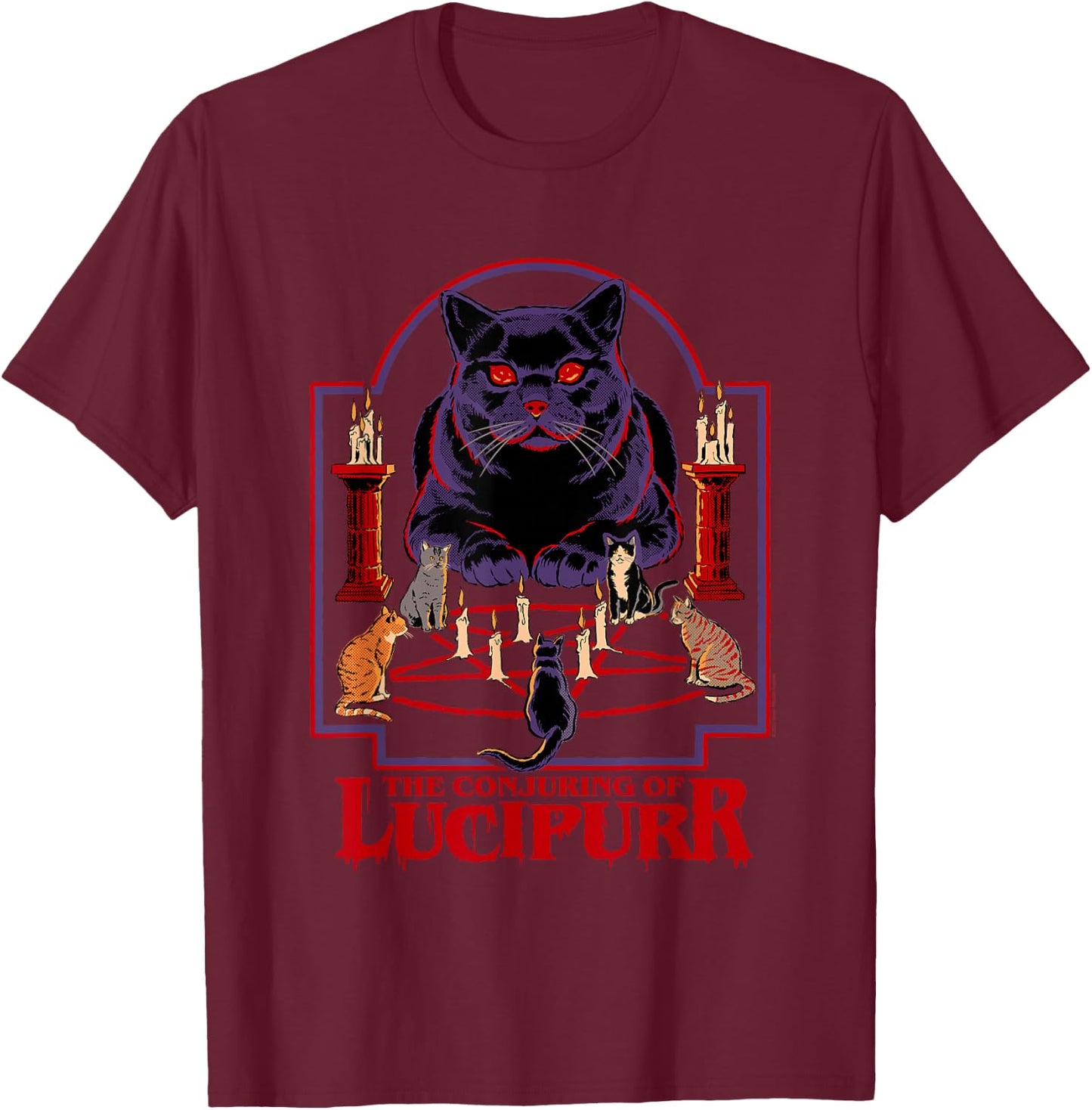 Steven Rhodes Conjuring of Lucipurr Retro Dark Humor T-Shirt - T-Shirt | Maroon