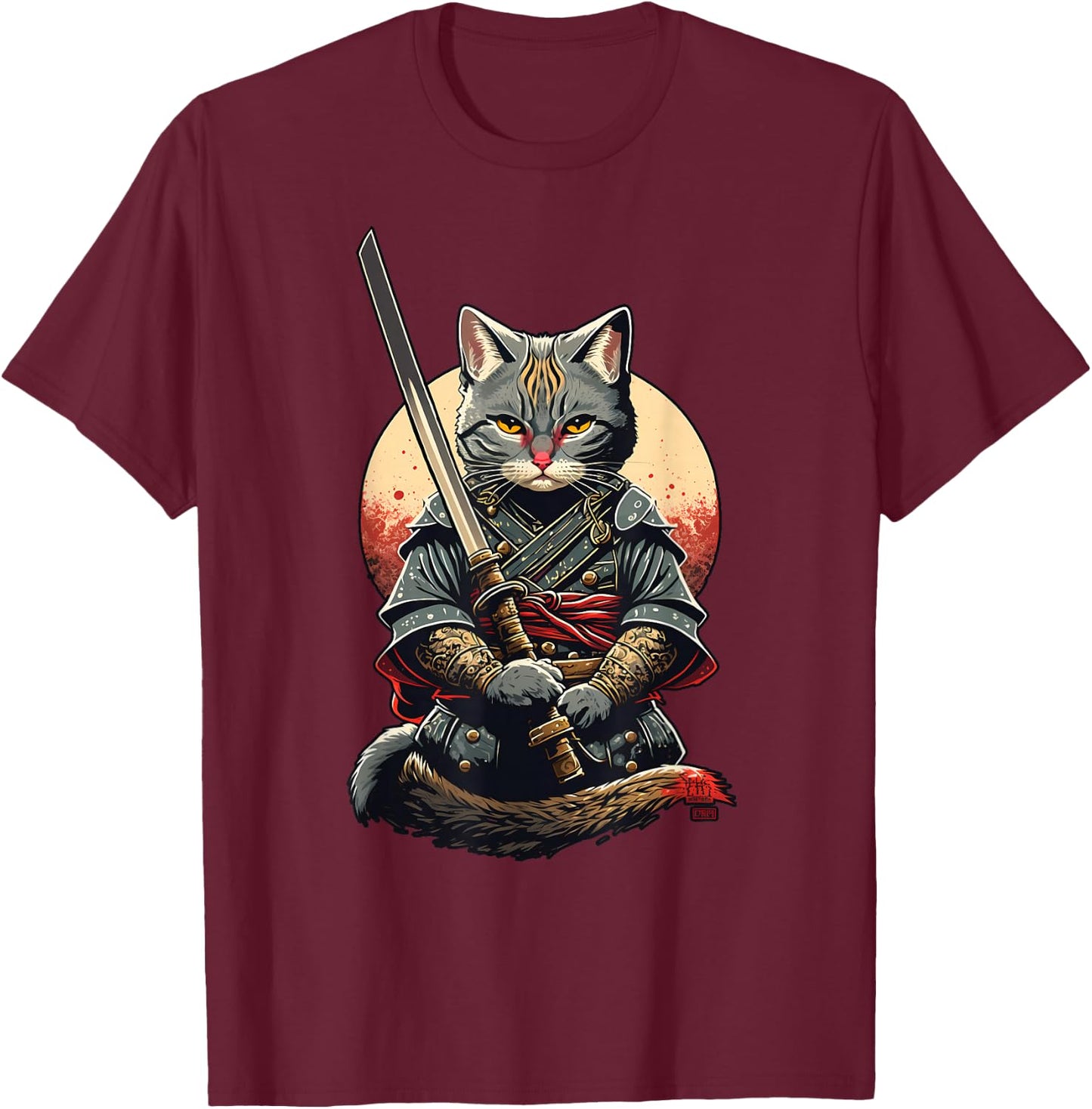 Retro Japanese Warrior Katana Ninja Cat, Samurai Kitten T-Shirt - T-Shirt | Maroon