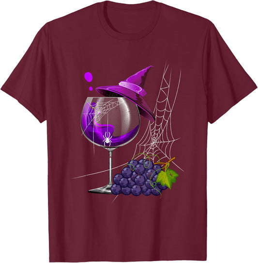 Vintage Halloween Purple Grape Wine Glass Witch Hat Cute T-Shirt - T-Shirt | Maroon