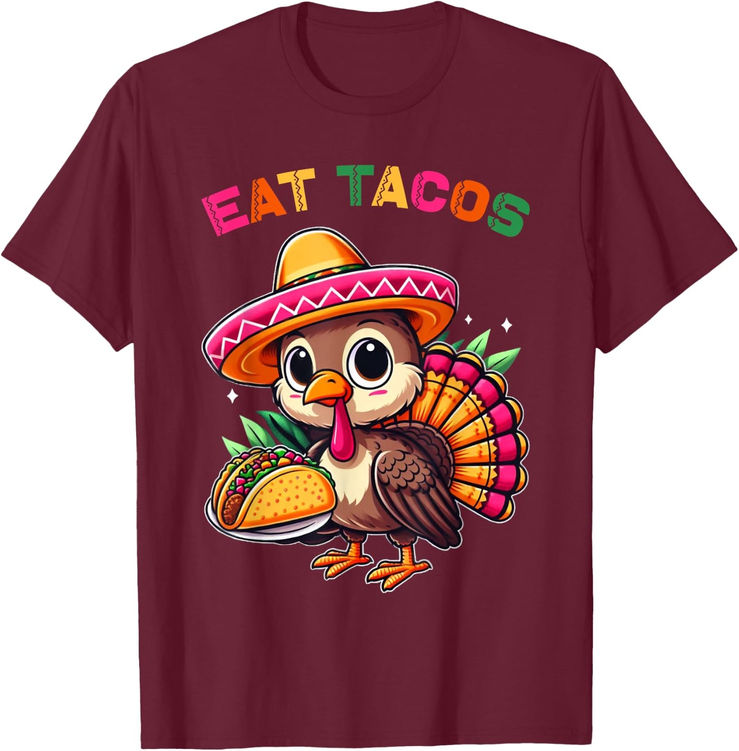 Funny Mexican Cute Turkey Eats Tacos Thanksgiving Kids Boys T-Shirt - T-Shirt | Maroon