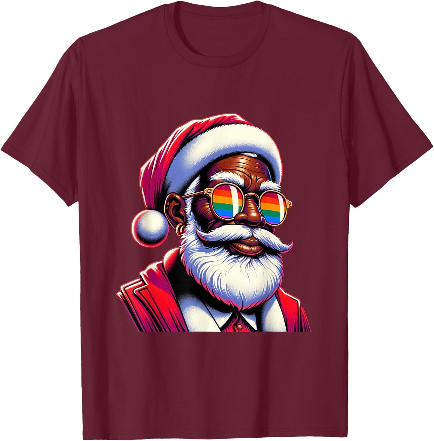 Retro Colored Gay Santa Face Rainbow Sunglasses Christmas T-Shirt - T-Shirt | Maroon