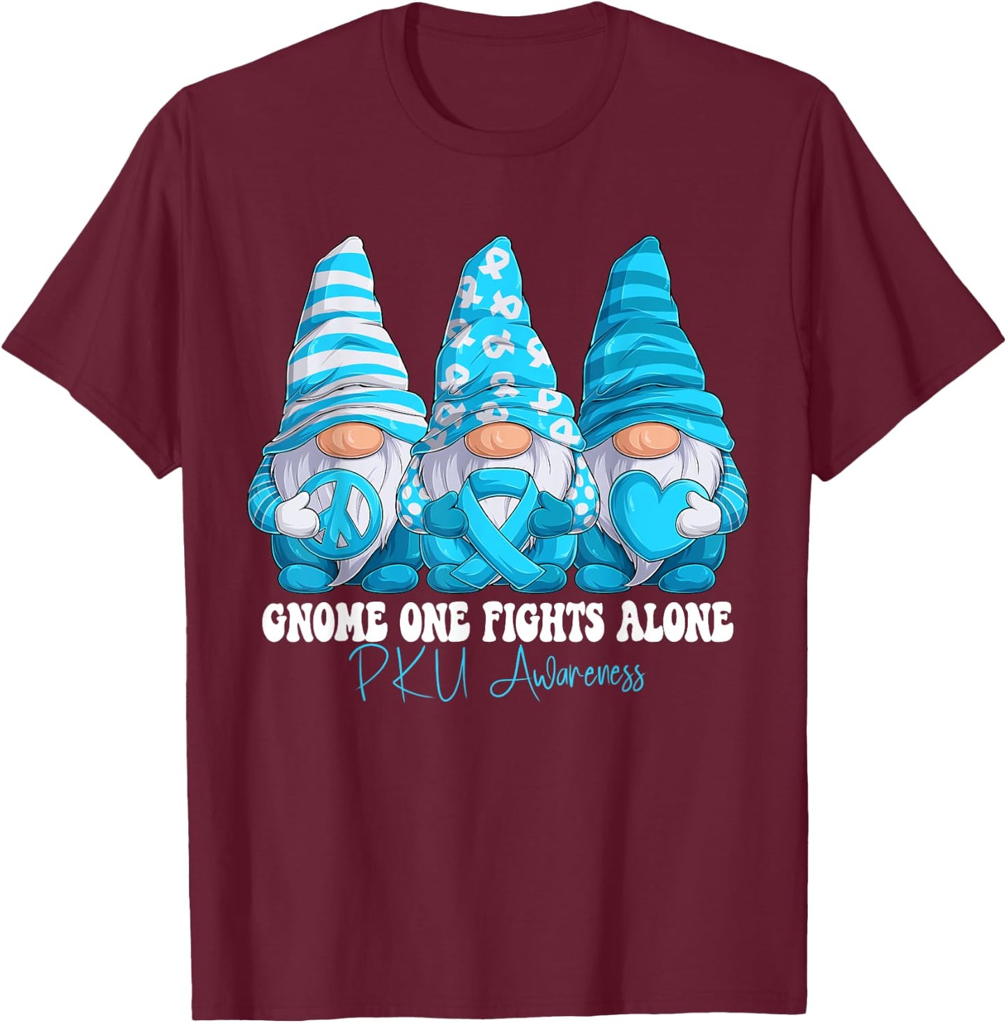 PKU Awareness Month Light Blue Ribbon Gnomies Support T-Shirt - T-Shirt | Maroon