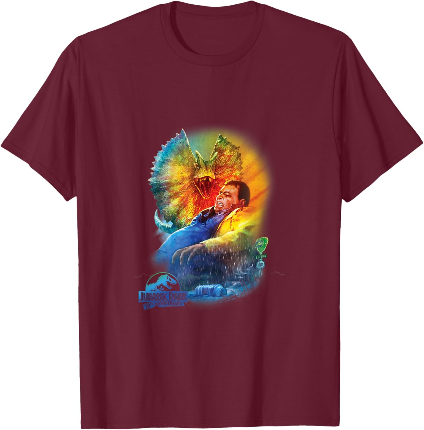 Jurassic Park 30th Anniversary Dilophosaurus - Kids - Black - Short Sleeve - Classic Fit - Cotton/Polyester Blend T-Shirt - T-Shirt | Maroon