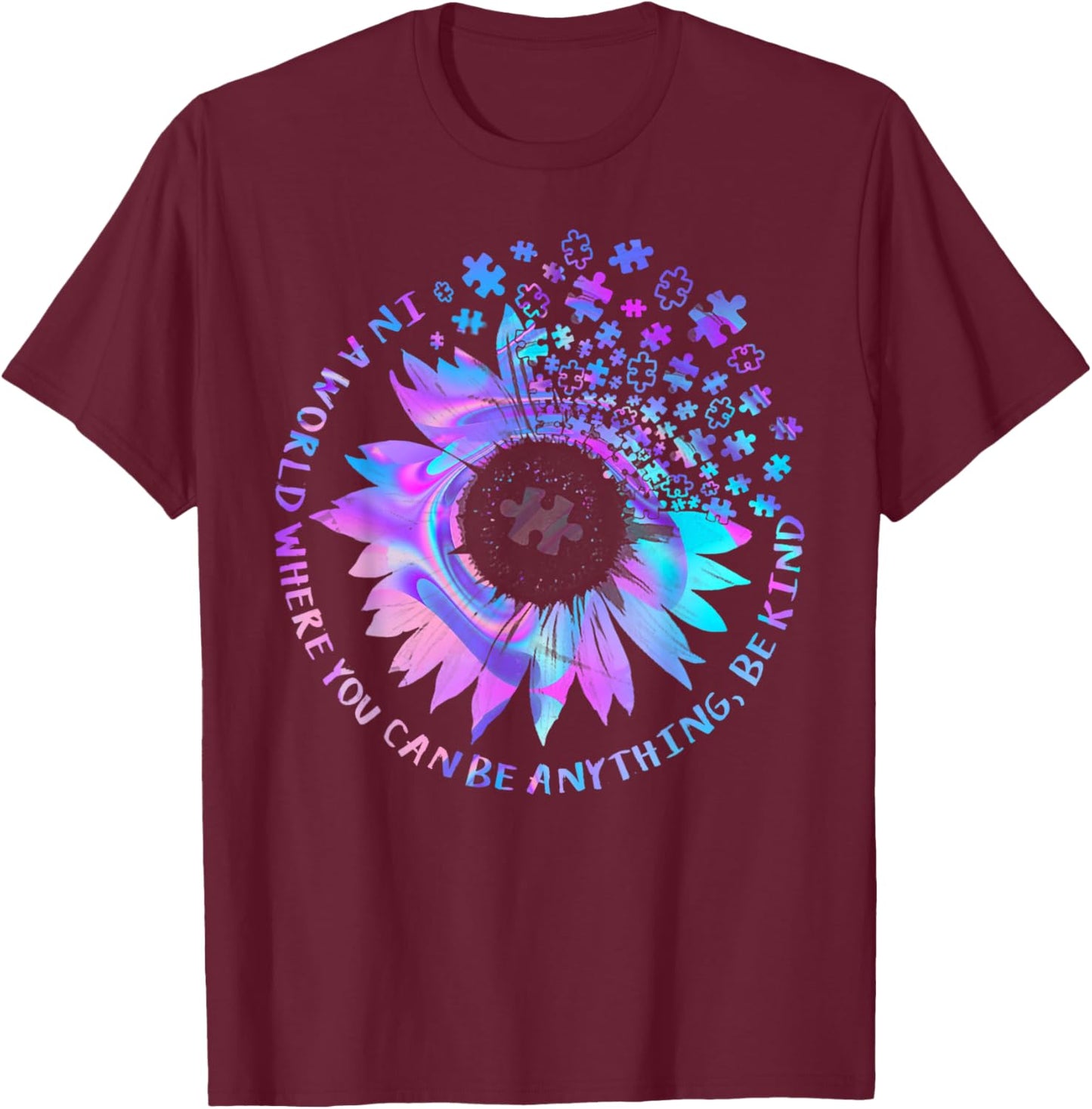 Be Kind Autism Awareness Kindness Sunflower Tie Dye Puzzle T-Shirt - T-Shirt | Maroon