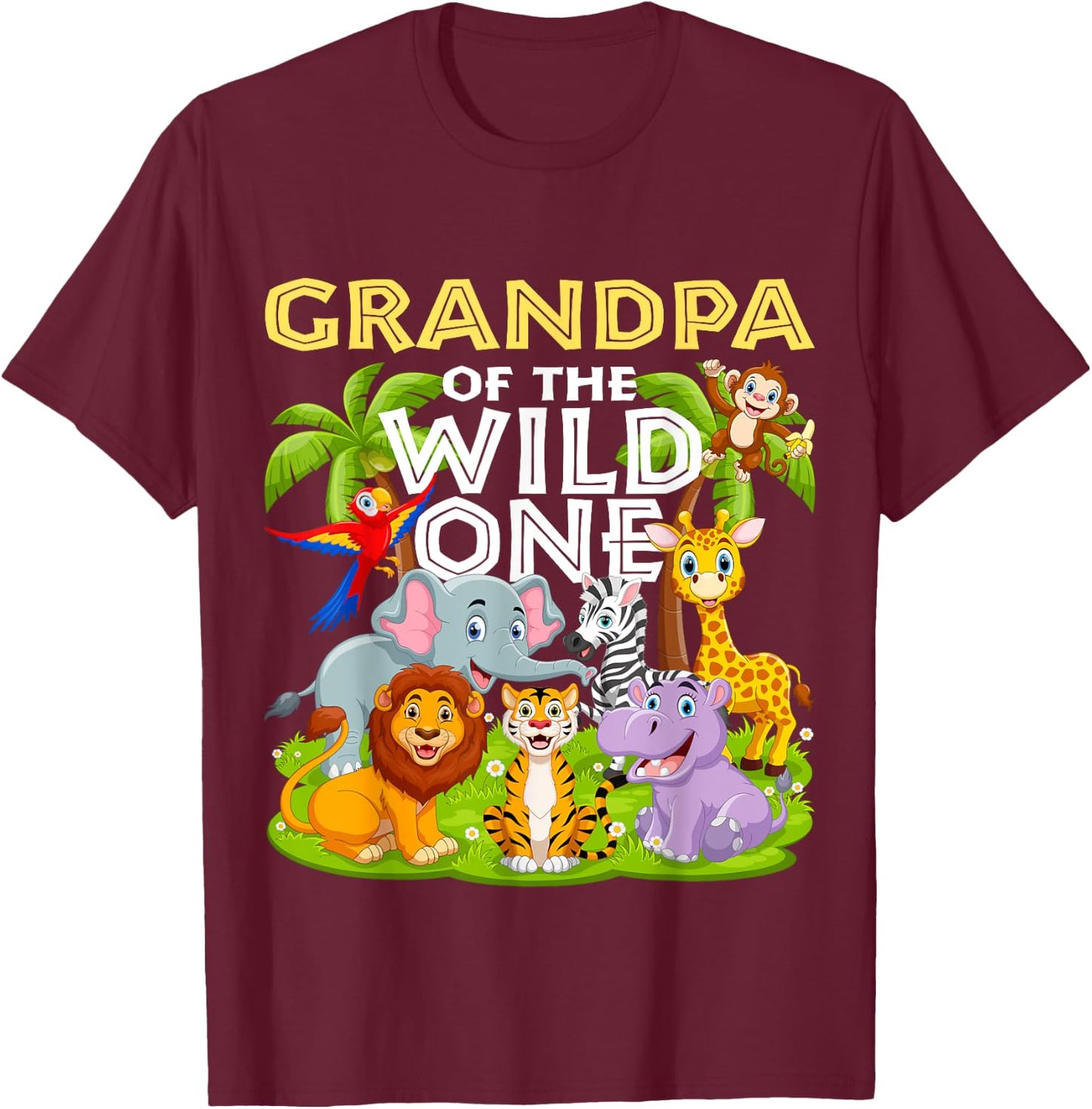 Grandpa Of The Wild One Birthday Zoo Animal Safari Jungle T-Shirt - T-Shirt | Maroon