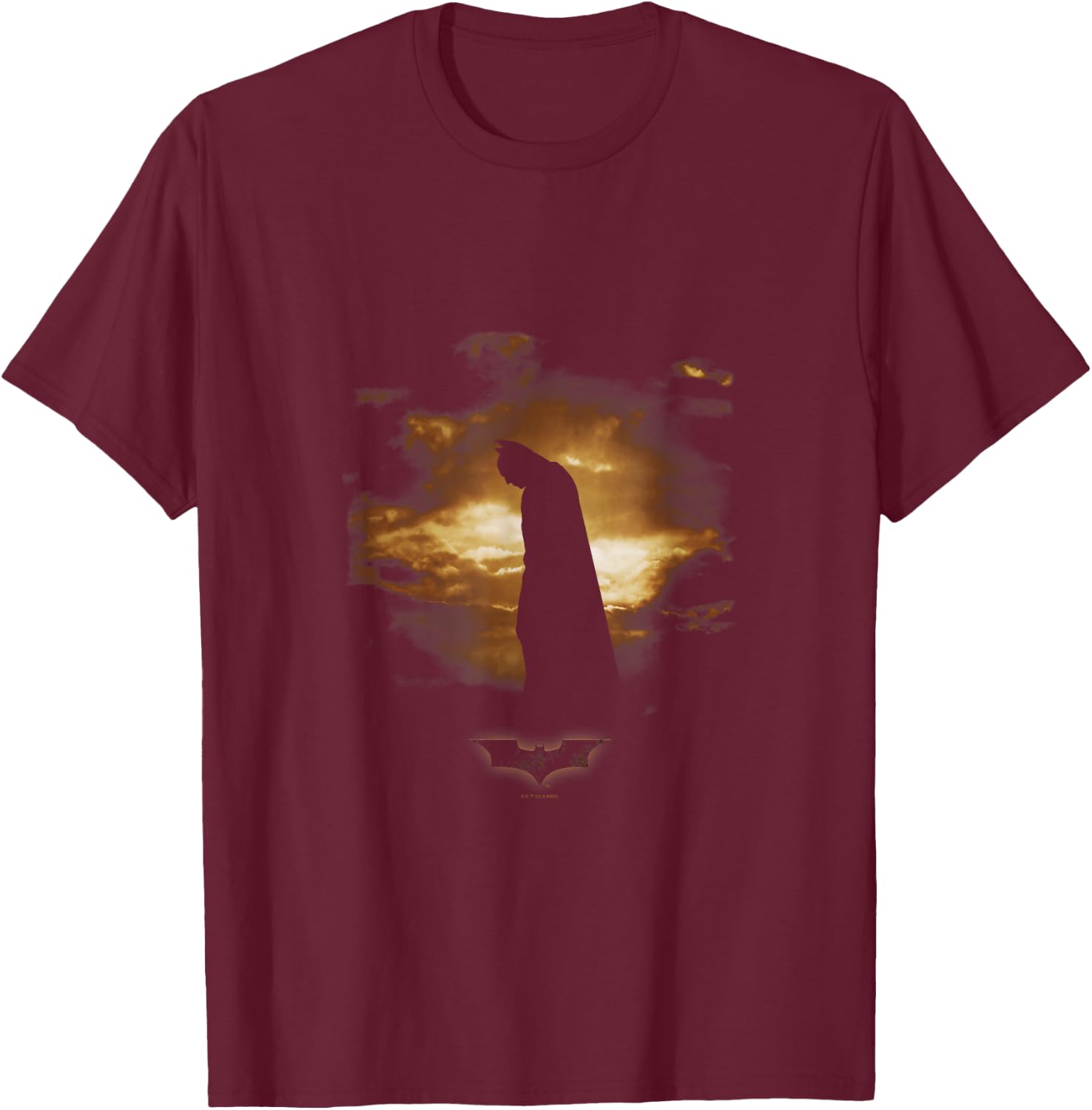 Batman Begins Distressed Bat Sunset Silhouette Poster T-Shirt - T-Shirt | Maroon
