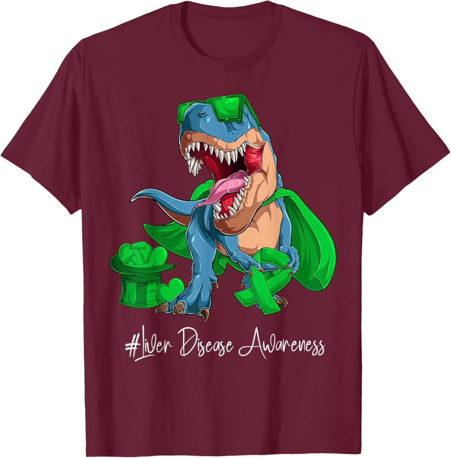 Liver Disease Awareness Month Green Ribbon Trex T-Shirt - T-Shirt | Maroon