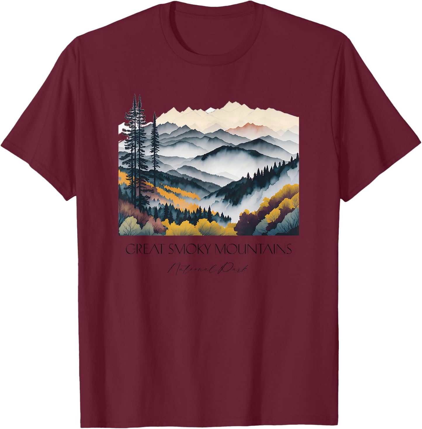 Cool Great Smoky Mountains National Park Hiking Watercolor T-Shirt - T-Shirt | Maroon