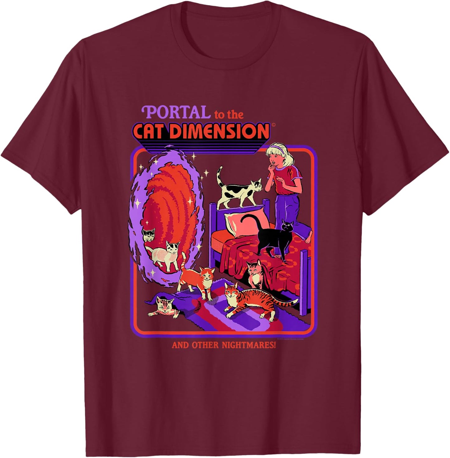 Steven Rhodes Cat Dimension Portal Retro Dark Humor Artist T-Shirt - T-Shirt | Maroon