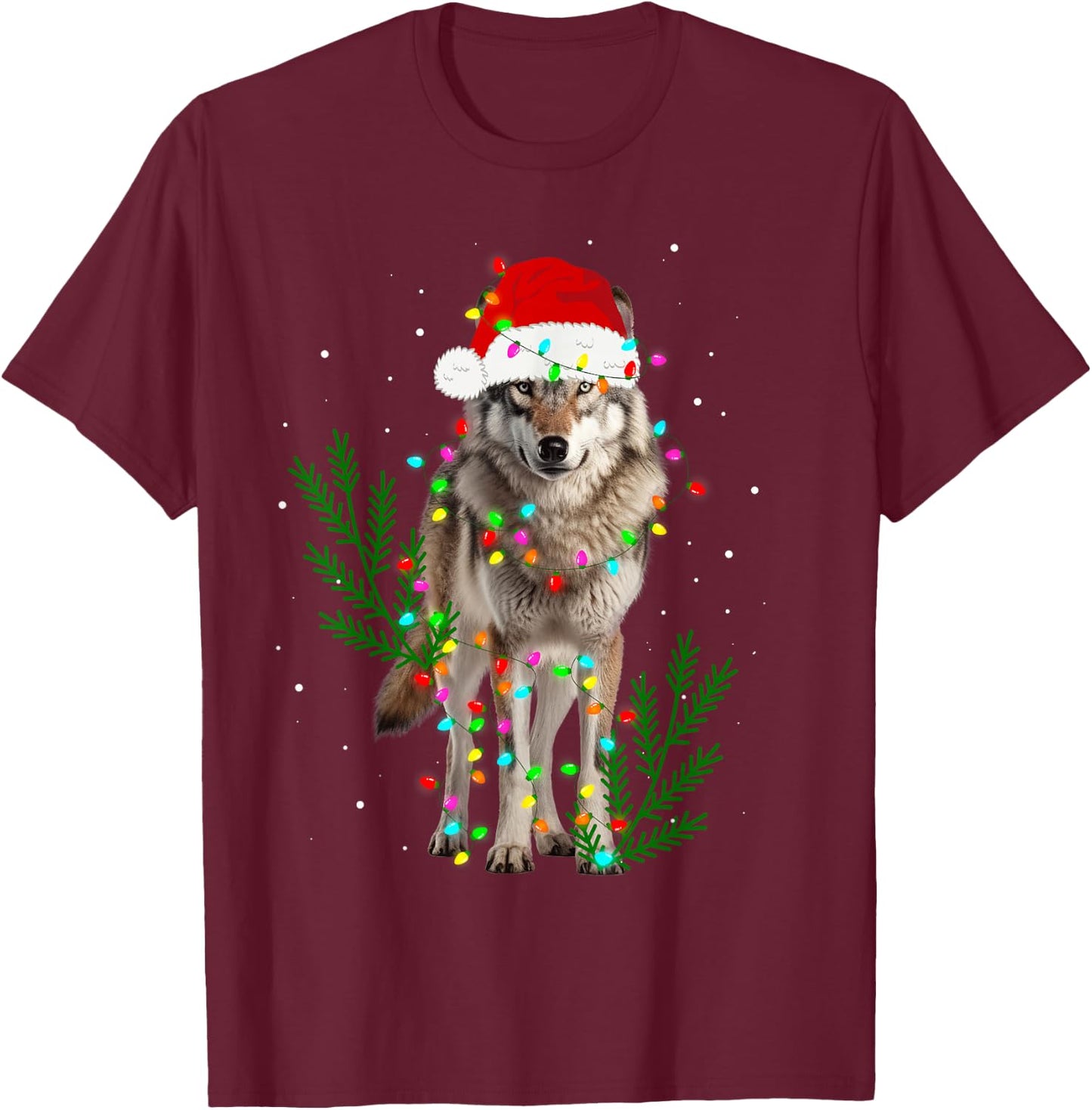 Wolf Santa Hat Christmas Lights Wolf Lover Animal Xmas T-Shirt - T-Shirt | Maroon