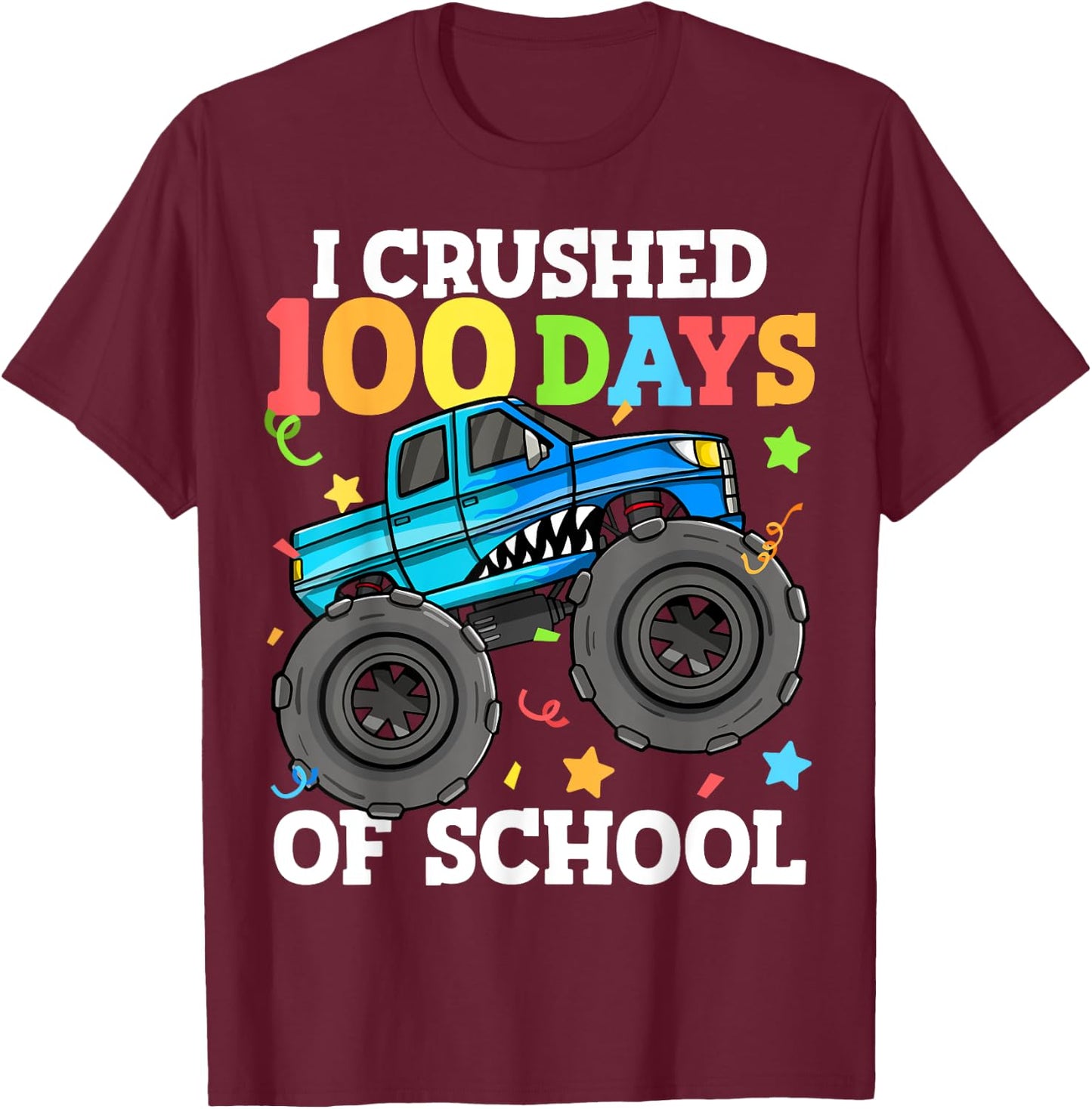 100 Days of School Monster Truck 100th Day of School Boys T-Shirt - T-Shirt | Maroon