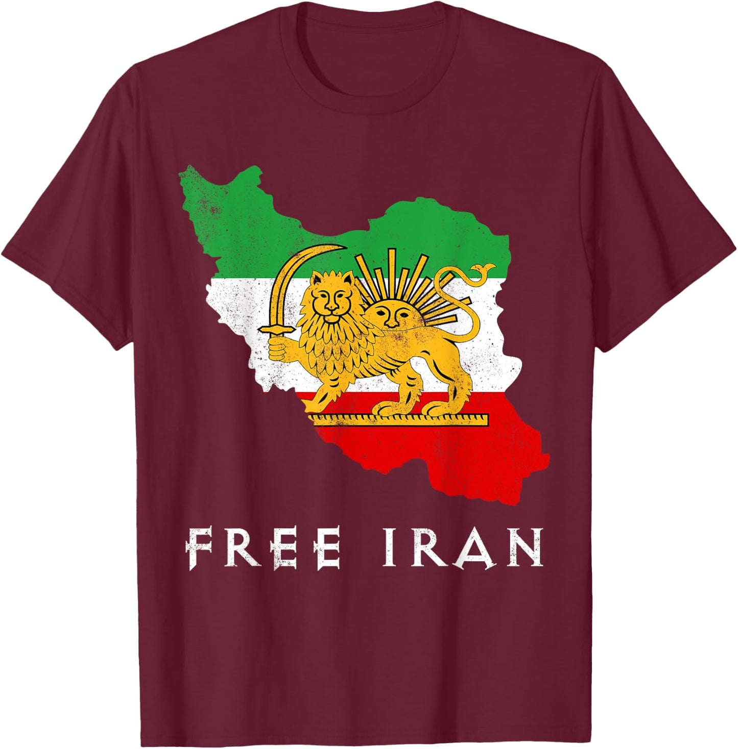 Iran Flag Map Lion Sun Sword Free Iran support women of Iran T-Shirt - T-Shirt | Maroon