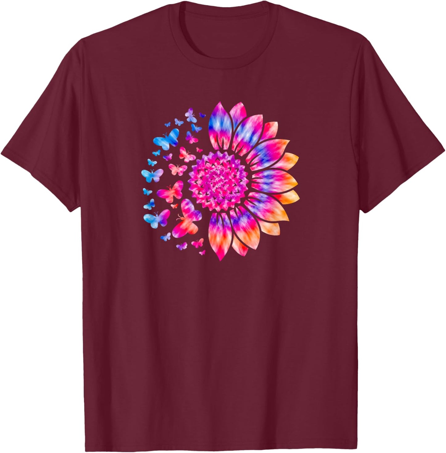 Sunflower Sun Flower Tie Dye Daisy Butterflies Women Girls T-Shirt - T-Shirt | Maroon