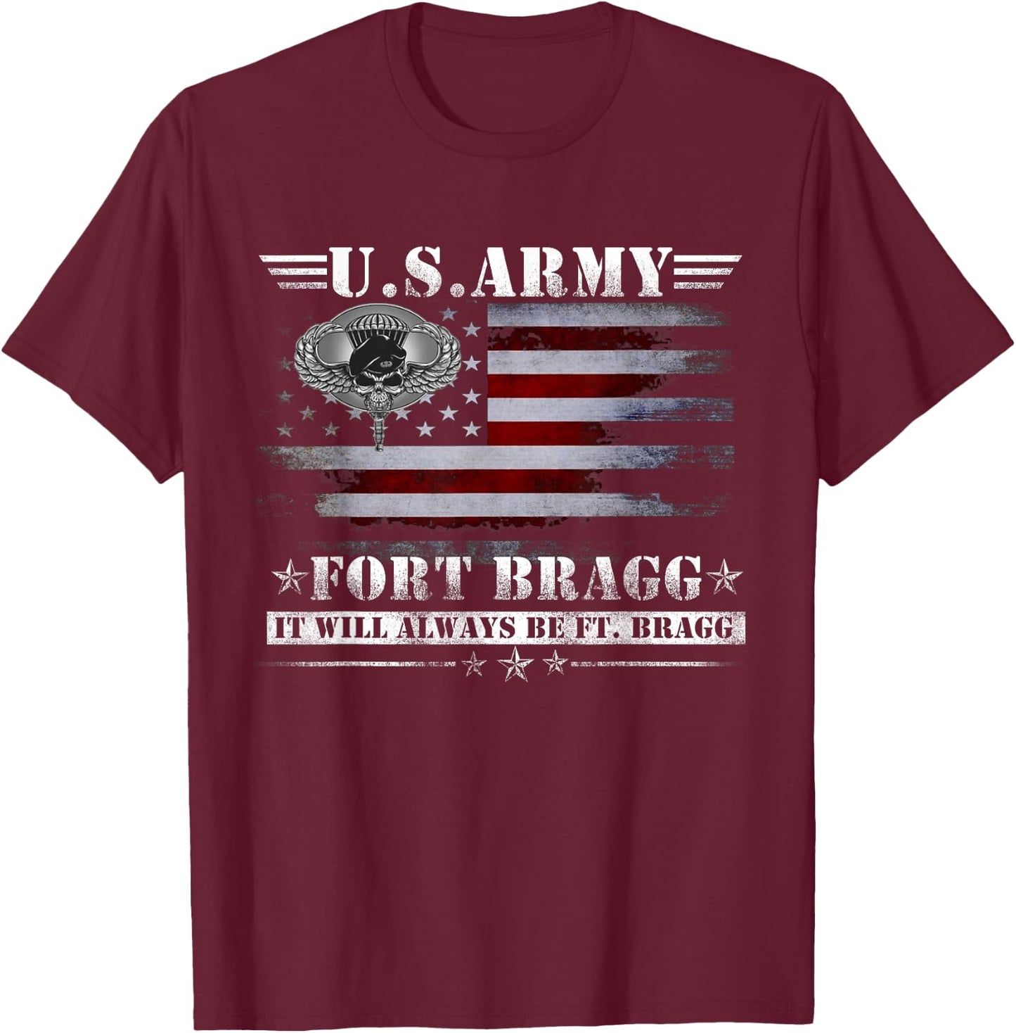 Proud Airborne Paratrooper Div Veteran - Men's Black Modern Letter Print Short Sleeve - Fort Bragg Nc Basic Training It Will Always Be Ft. Bragg - -Adults Size Small T-Shirt - T-Shirt | Maroon