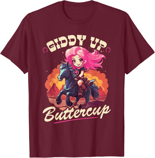 Country Rodeo Girl, Giddy Up Buttercup, Toddler Cowgirl T-Shirt - T-Shirt | Maroon