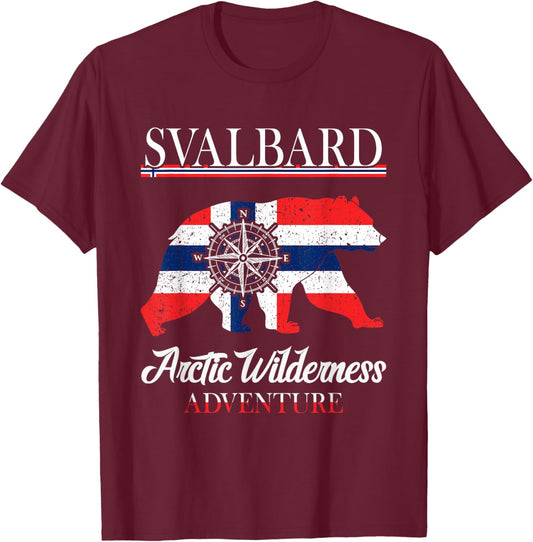 Svalbard Norway - Arctic Wilderness -Ice Bear Norwegian Flag T-Shirt - T-Shirt | Maroon