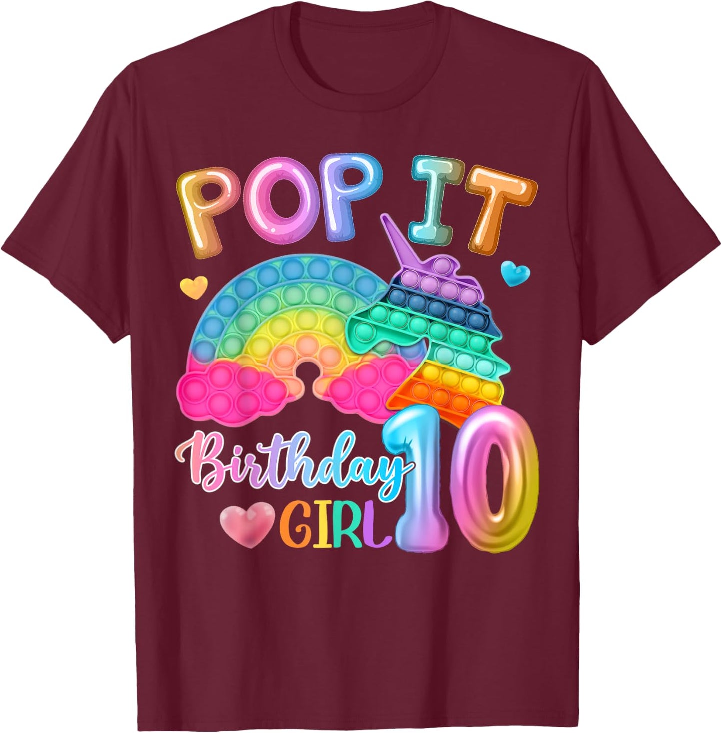 Kids Pop It Birthday Girl 10 for 10yr Old Girl Unicorn Party T-Shirt - T-Shirt | Maroon
