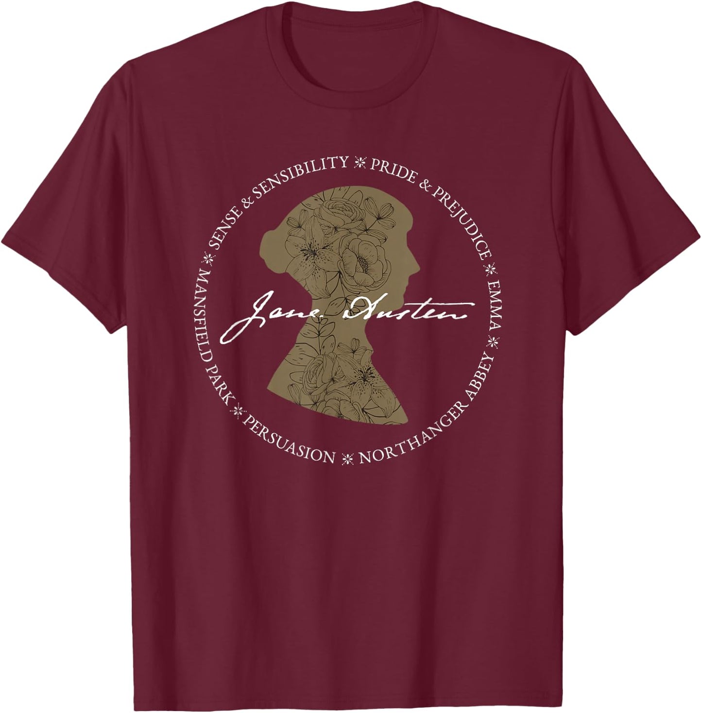 Jane Austen Persuasion Pride Prejudice Book Title Design T-Shirt - T-Shirt | Maroon