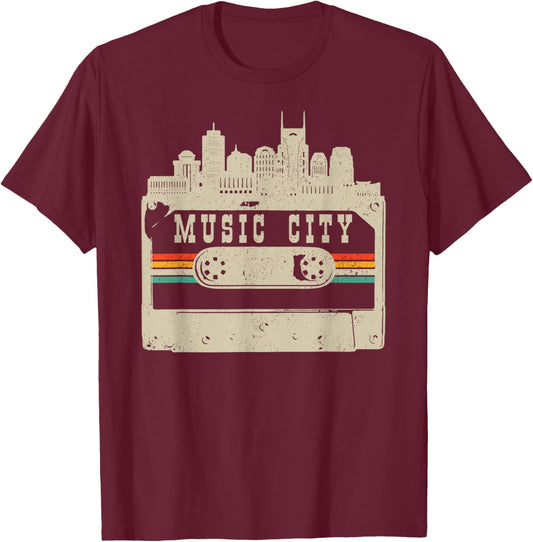 Nashville Skyline Cassette Vintage Retro Country Music City T-Shirt - T-Shirt | Maroon