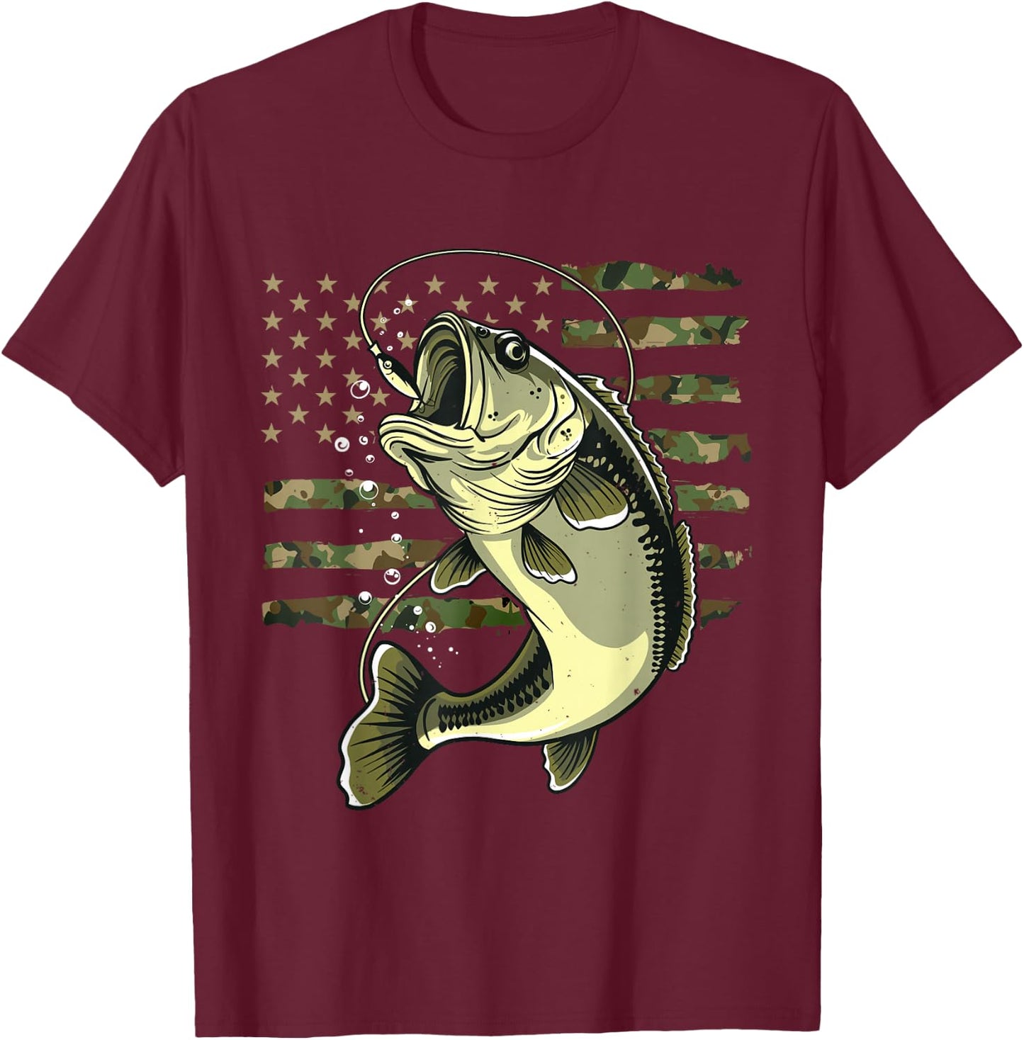 Bass Fish Fishing USA American Flag Camouflage Fisherman T-Shirt - T-Shirt | Maroon