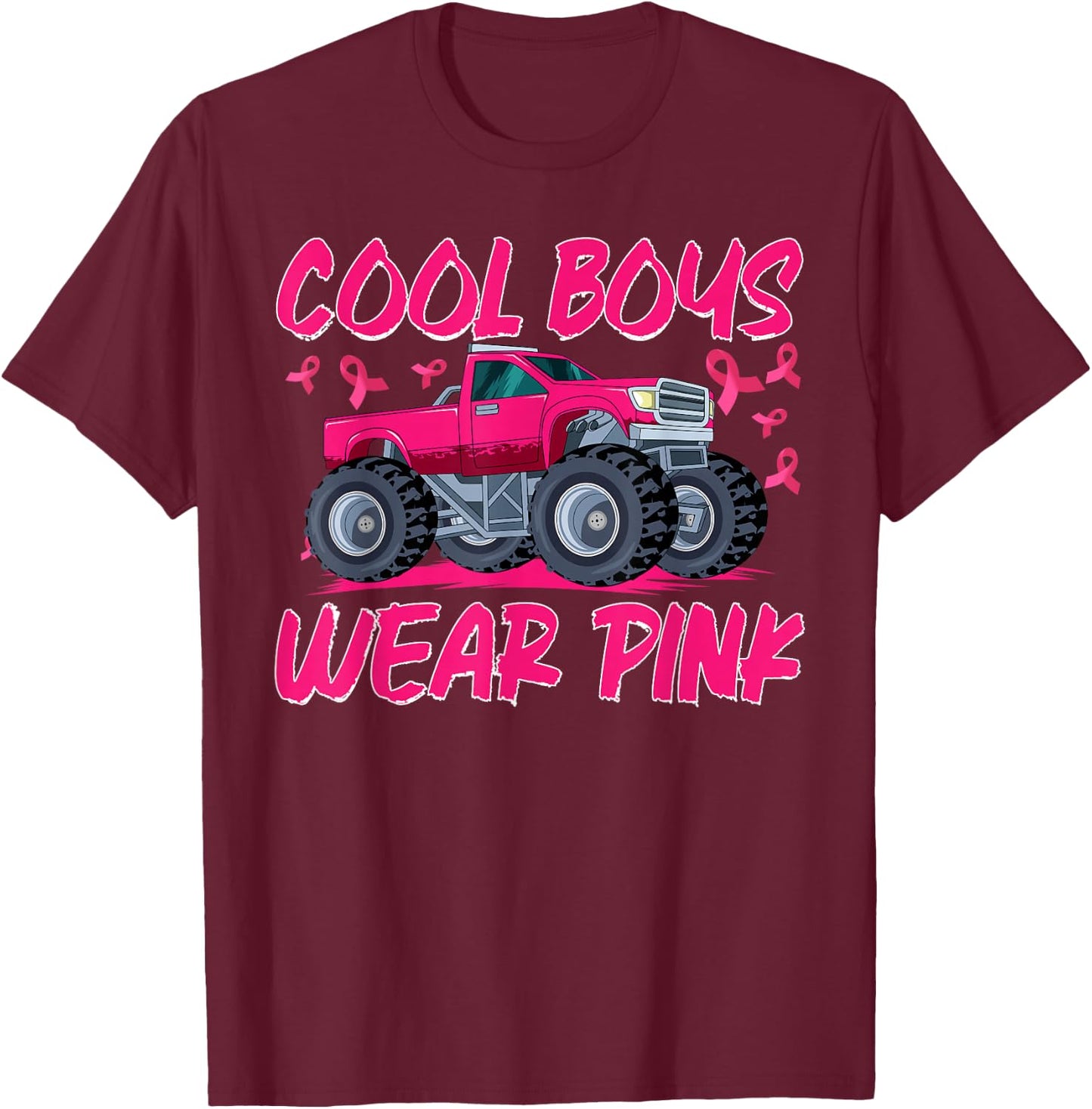 Monster Truck Cool Boys Wear Pink Breast Cancer Awareness T-Shirt - T-Shirt | Maroon