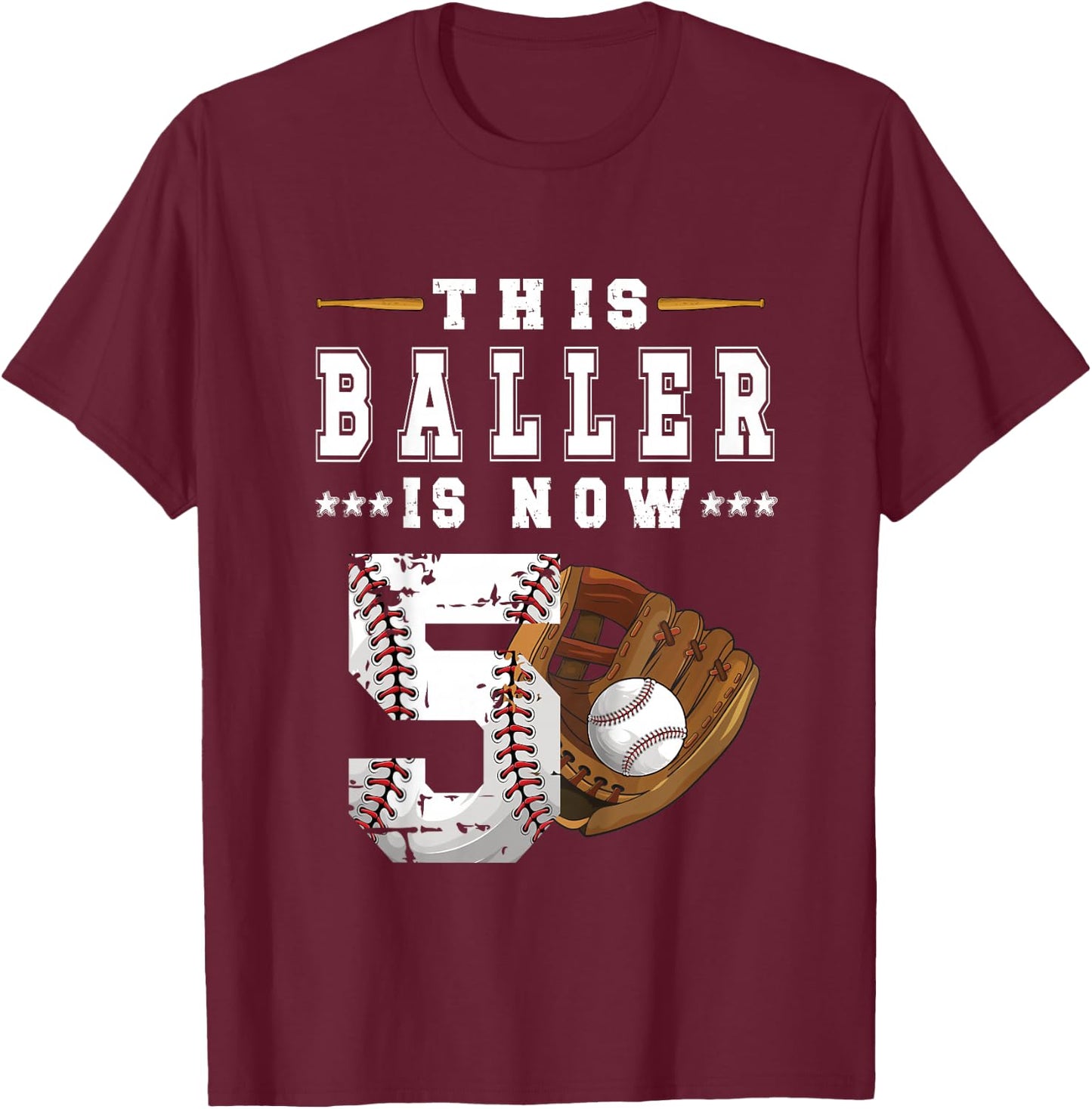 Kids 5th Birthday Baseball Boy Five Year Old Baseball Player T-Shirt - T-Shirt | Maroon