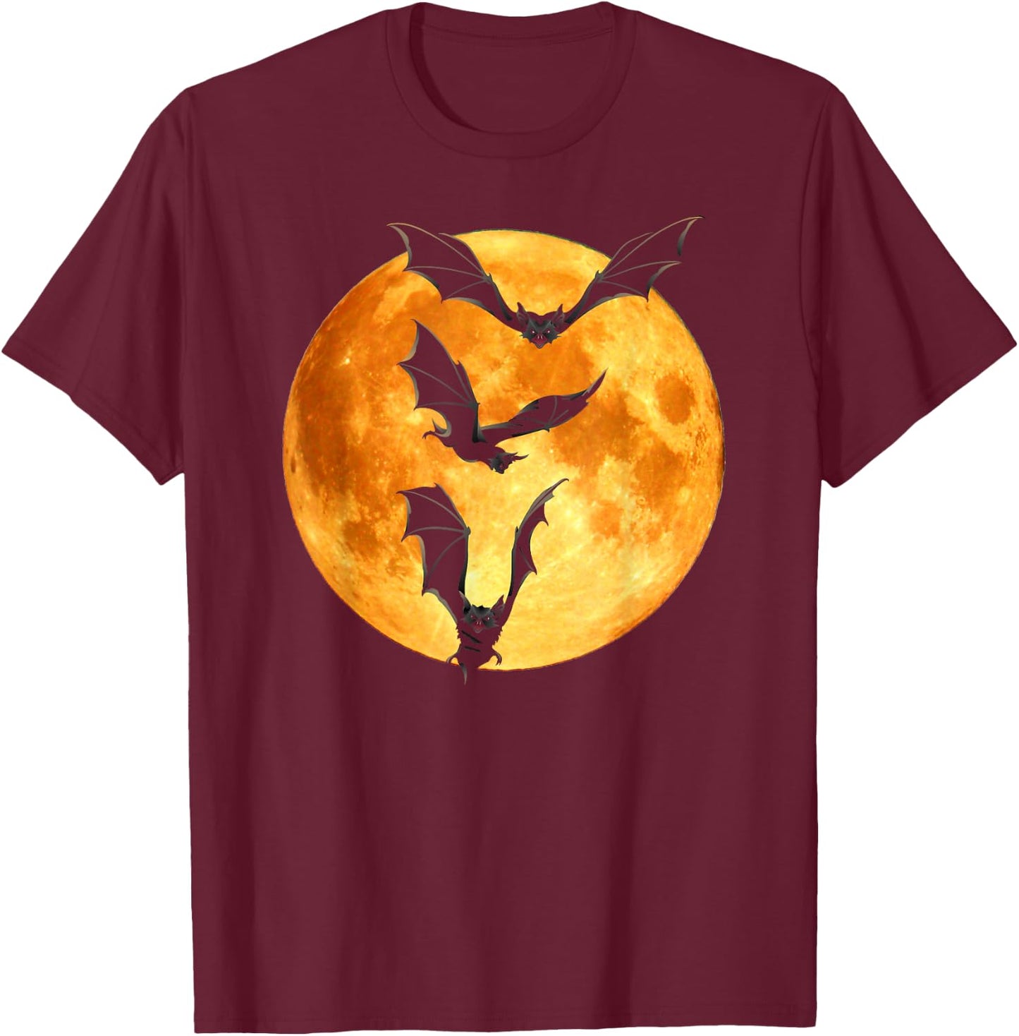 Orange Full Moon Halloween Bat Flying Bats Moonlight Vampire T-Shirt - T-Shirt | Maroon