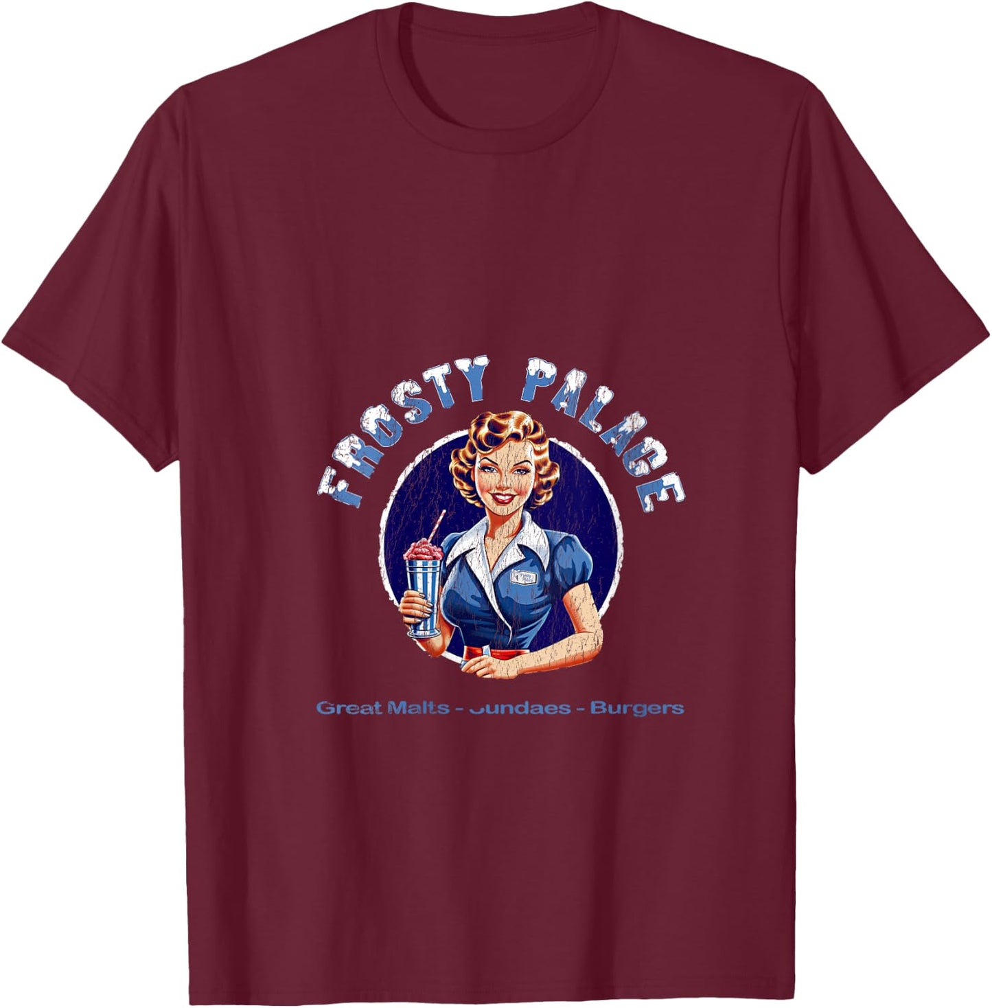 Frosty Palace | Classic 70s Retro Movie Distressed V-Neck T-Shirt - T-Shirt | Maroon