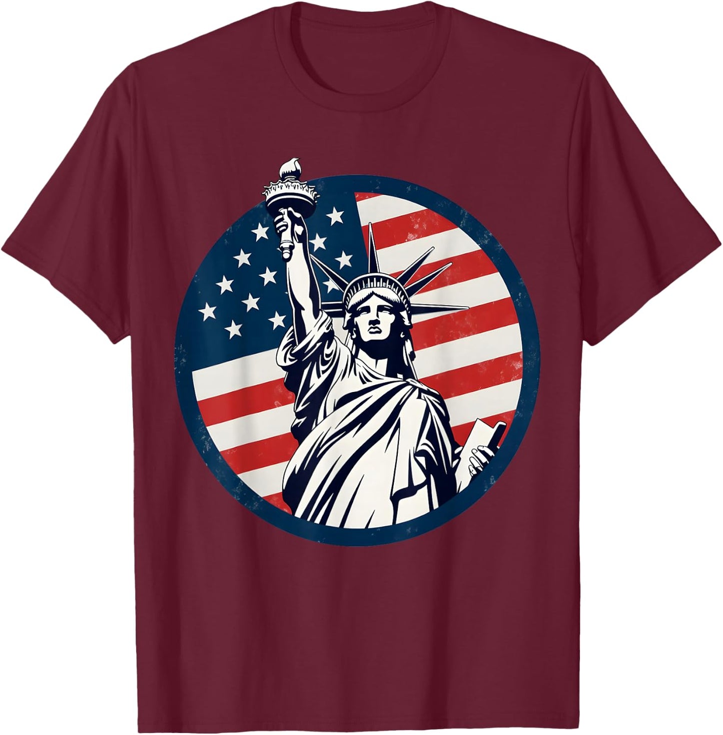 Statue of Liberty with American Flag - Fourth of July T-Shirt - T-Shirt | Maroon