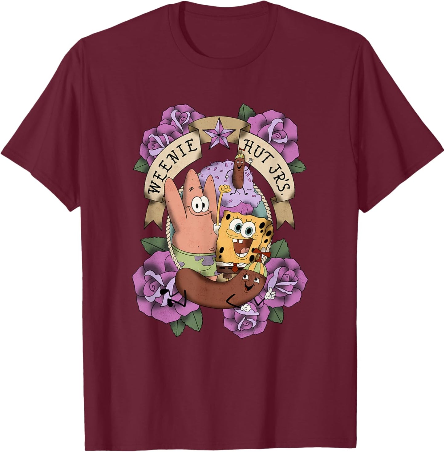 SpongeBob SquarePants Patrick Weenie Hut Jr's. Floral Logo T-Shirt - T-Shirt | Maroon