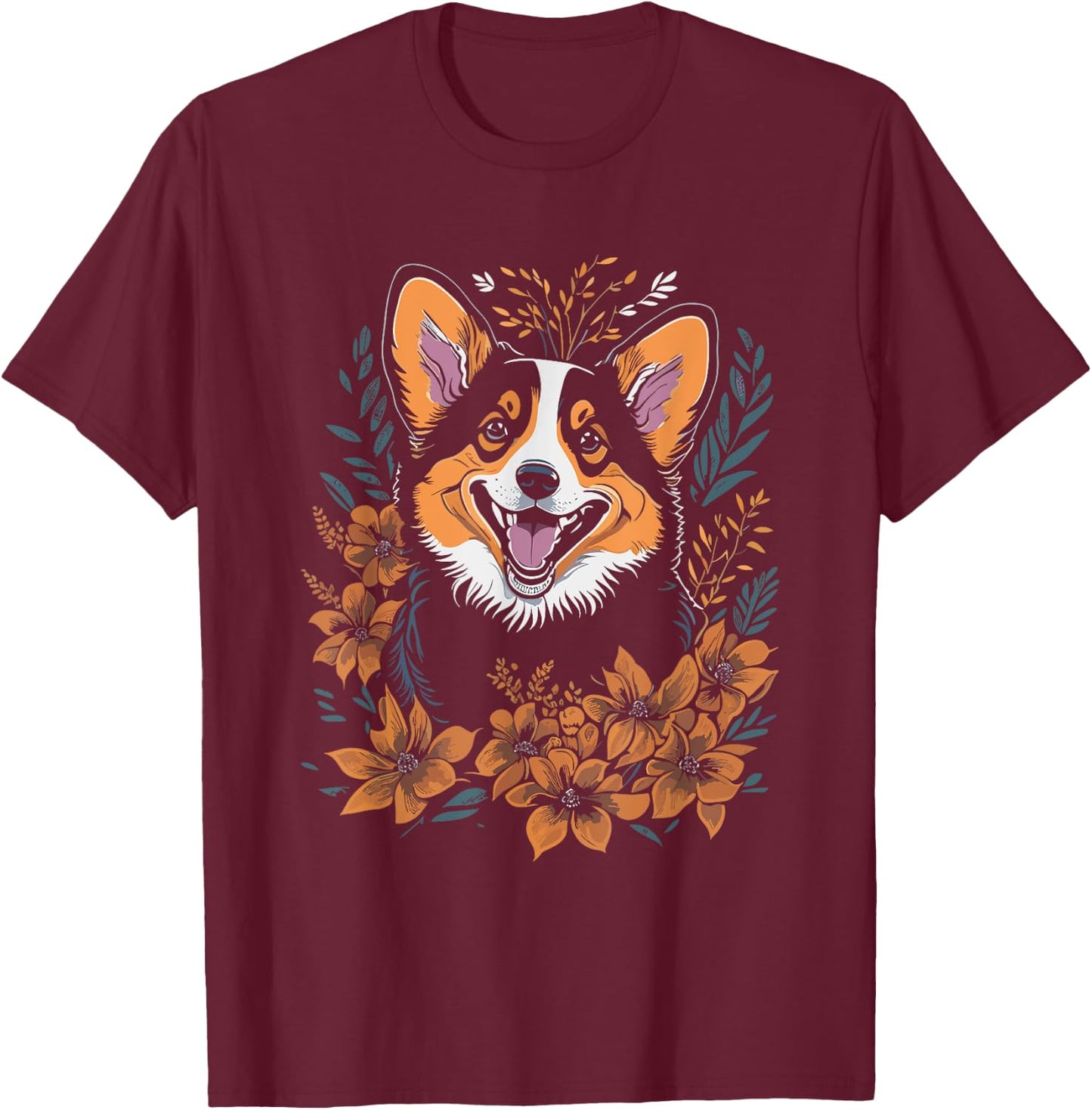 Corgi Flowers - Funny Floral Corgi Lover Dog Mom Dad Women Girls Kids T-Shirt - T-Shirt | Maroon