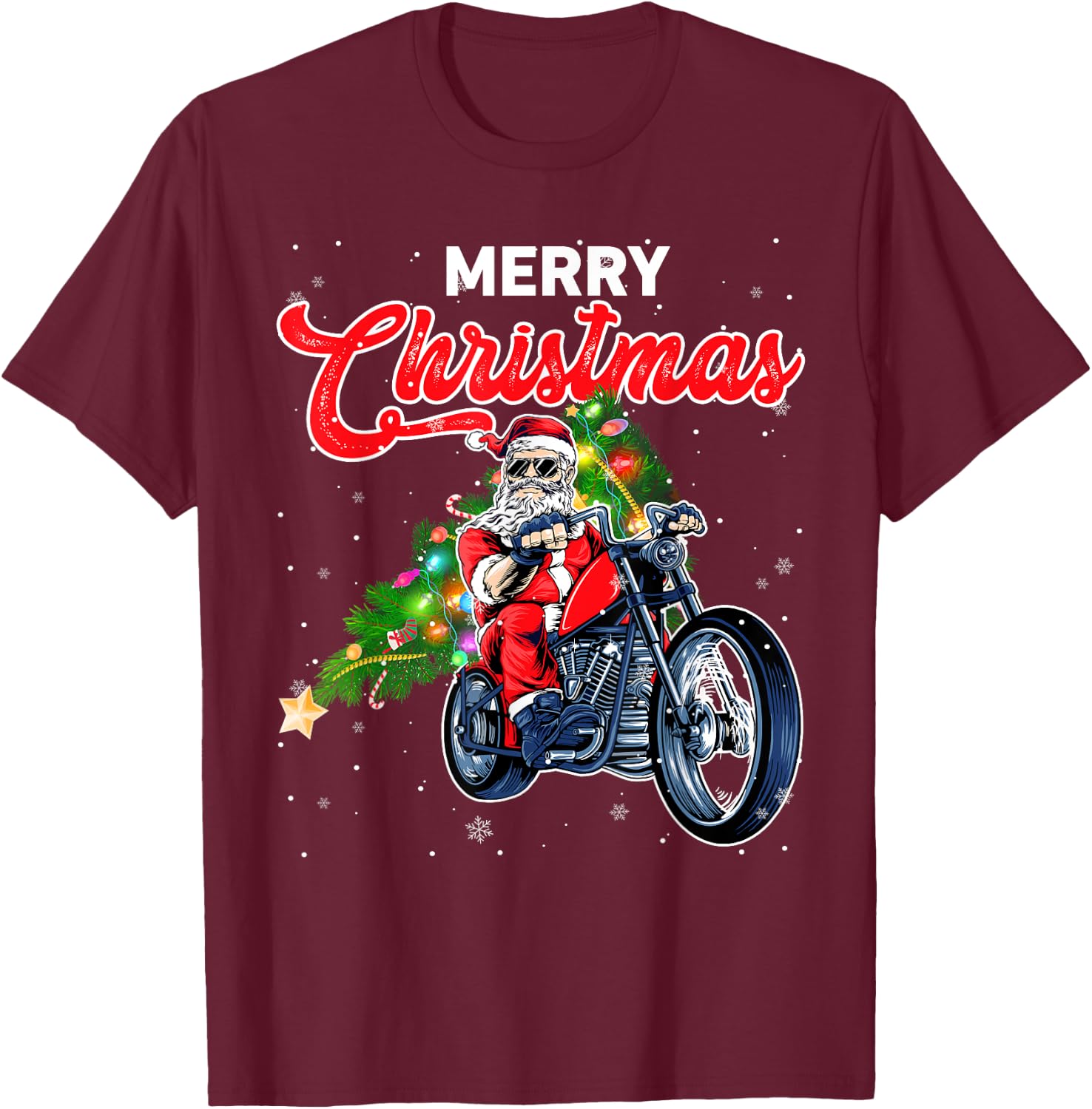 Funny Santa Claus With Motorcycle Xmas Tree Merry Christmas T-Shirt - T-Shirt | Maroon