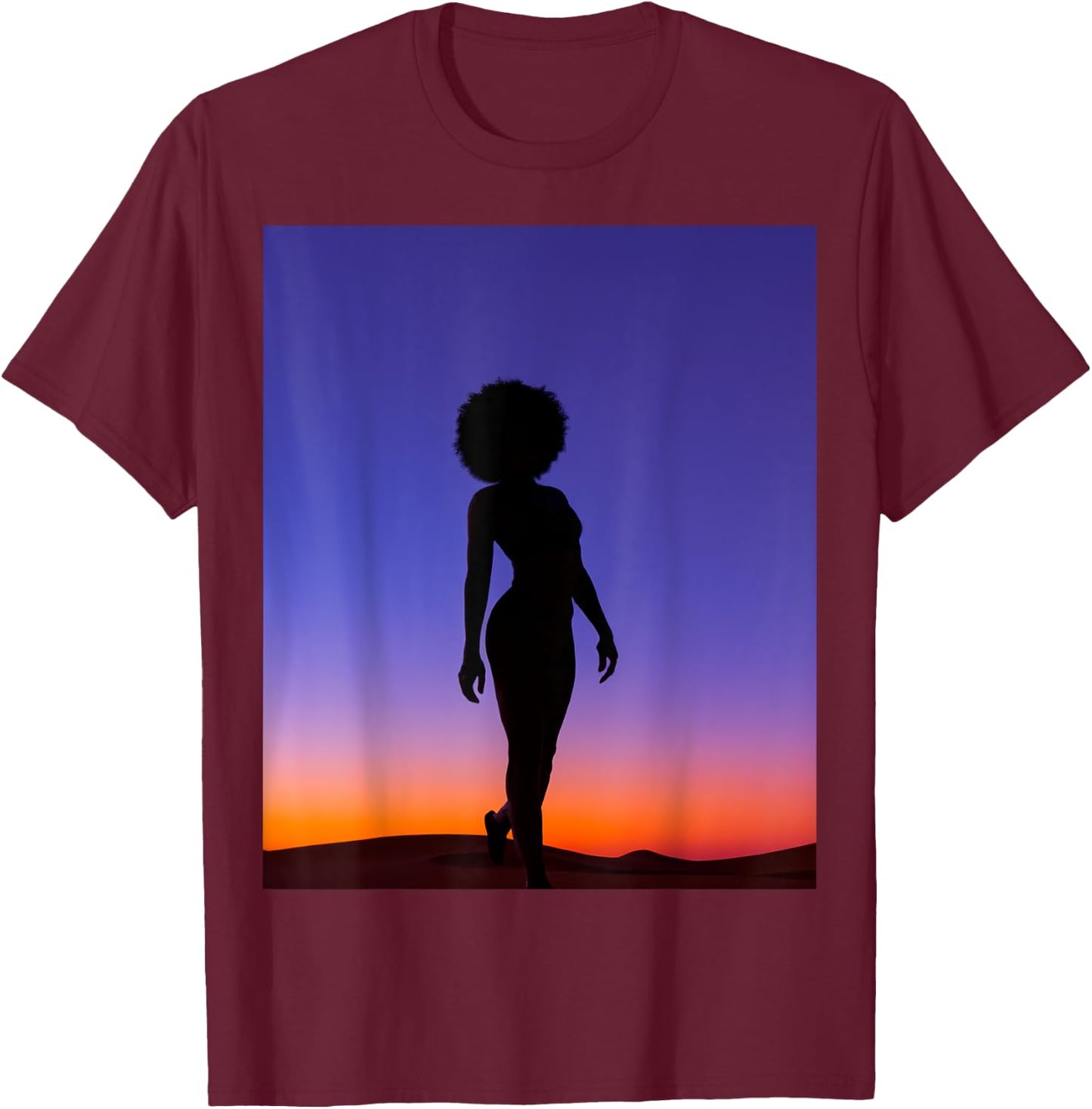 Mysterious Mirage: Silhouetted Sojourn in a Desert Night T-Shirt - T-Shirt | Maroon