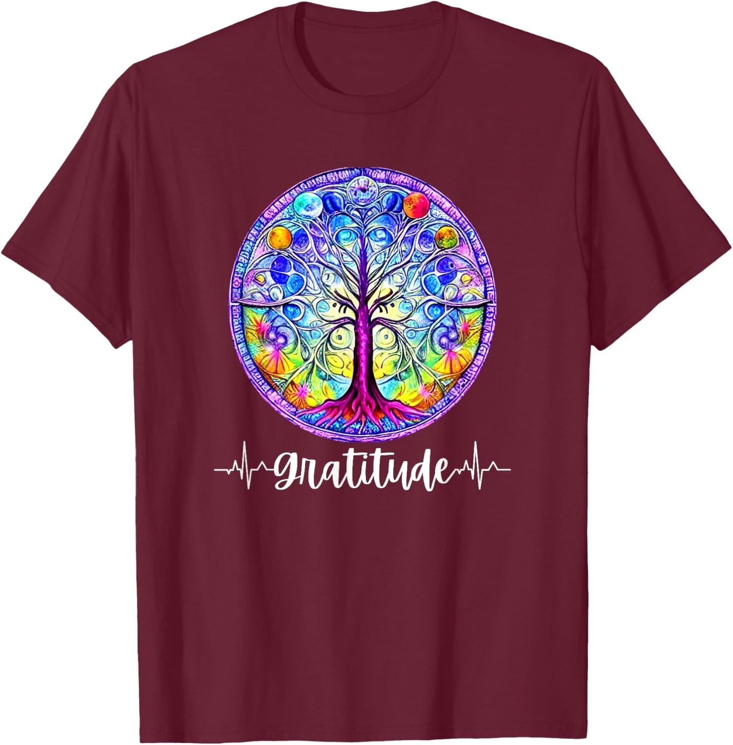 Chakra Whimsical Fantasy Tree of Life Gratitude T-Shirt - T-Shirt | Maroon