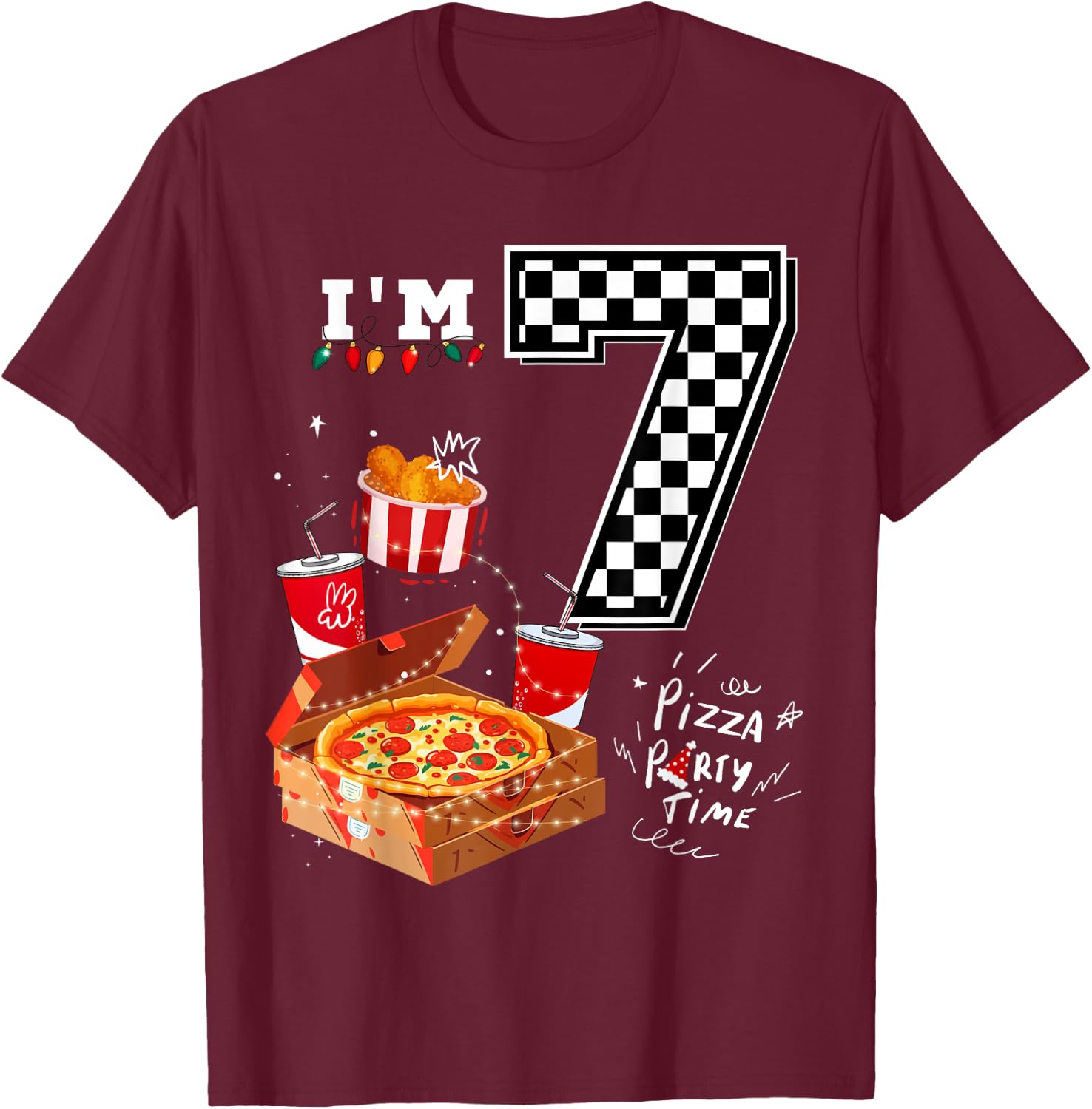 Funny Pizza Lover 7th Birthday Crew for 7 Years Old Boys T-Shirt - T-Shirt | Maroon