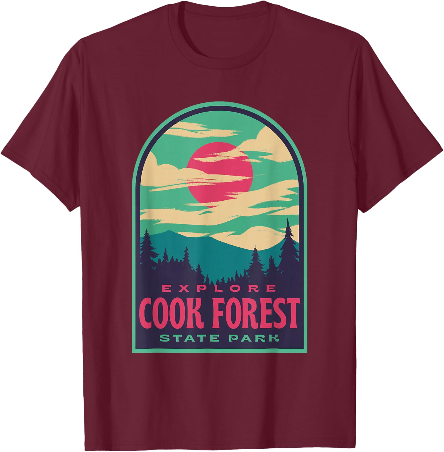 Cook Forest State Park Retro Sunset T-Shirt - T-Shirt | Maroon