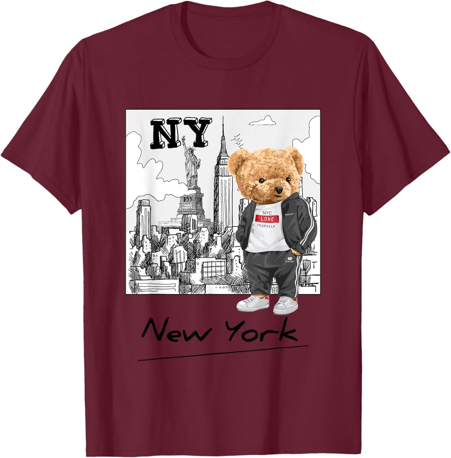 Bahaa's -Kids Graphic Black Small Classic Fit Short Sleeve Summer Graphic Teddy Bear NYC Design T-Shirt - T-Shirt | Maroon