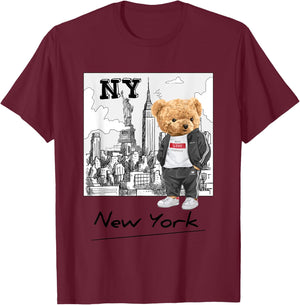 Bahaa's -Kids Graphic Black Small Classic Fit Short Sleeve Summer Graphic Teddy Bear NYC Design T-Shirt - T-Shirt | Maroon