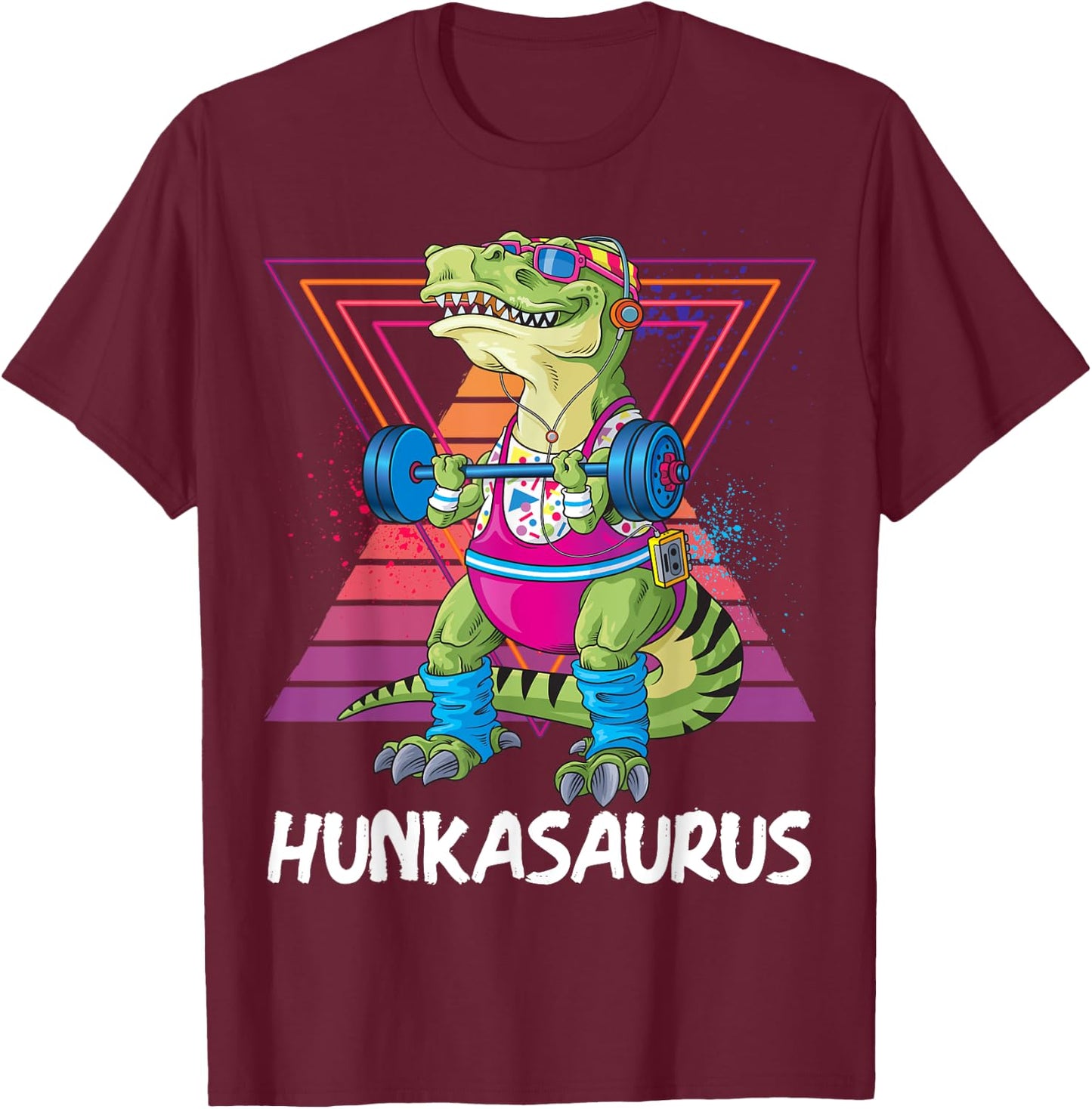 Hunkasaurus Retro Muscular Dinosaur T-Rex Gym Weightlift T-Shirt - T-Shirt | Maroon