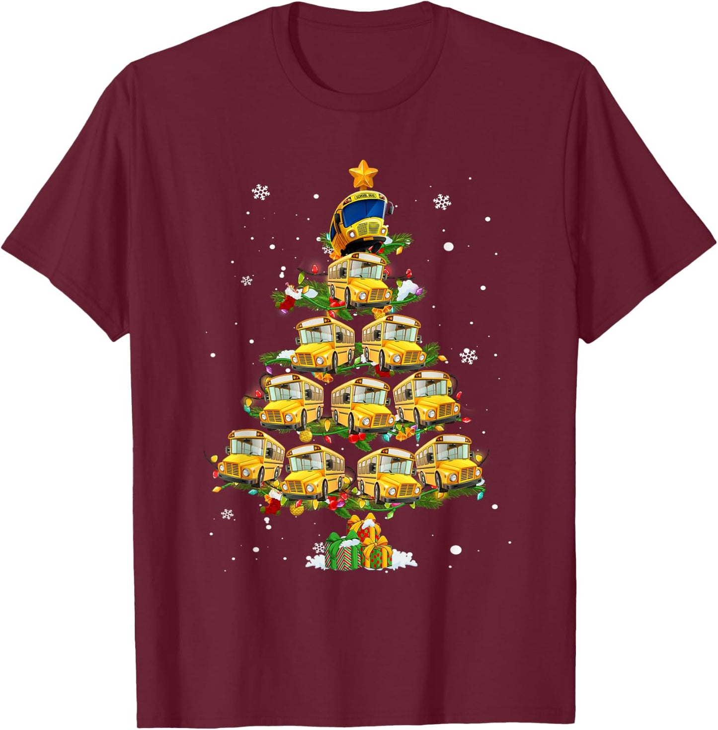 School Bus Christmas Tree Funny Santa Bus Driver Pajama Xmas T-Shirt - T-Shirt | Maroon
