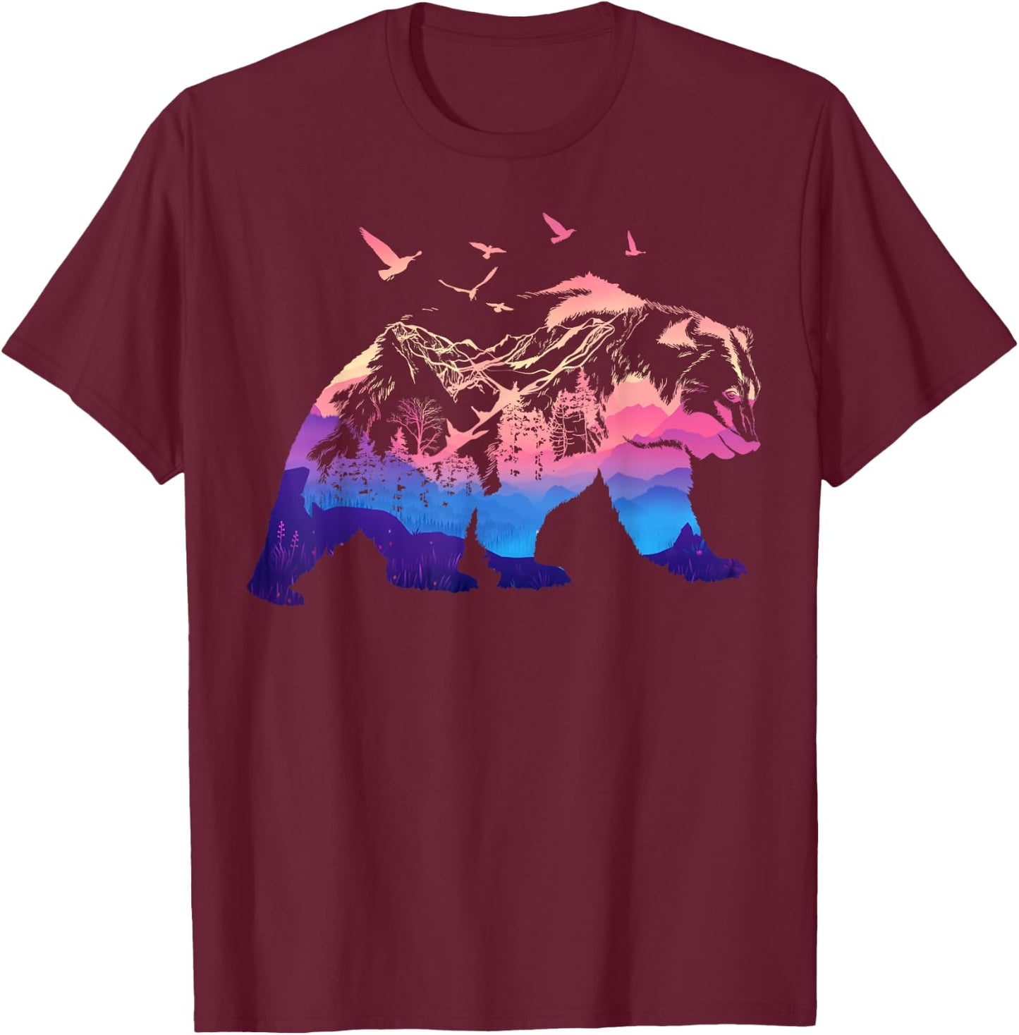 Bear Nature Outdoor Mountains Forest Trees Bear Wildlife T-Shirt - T-Shirt | Maroon