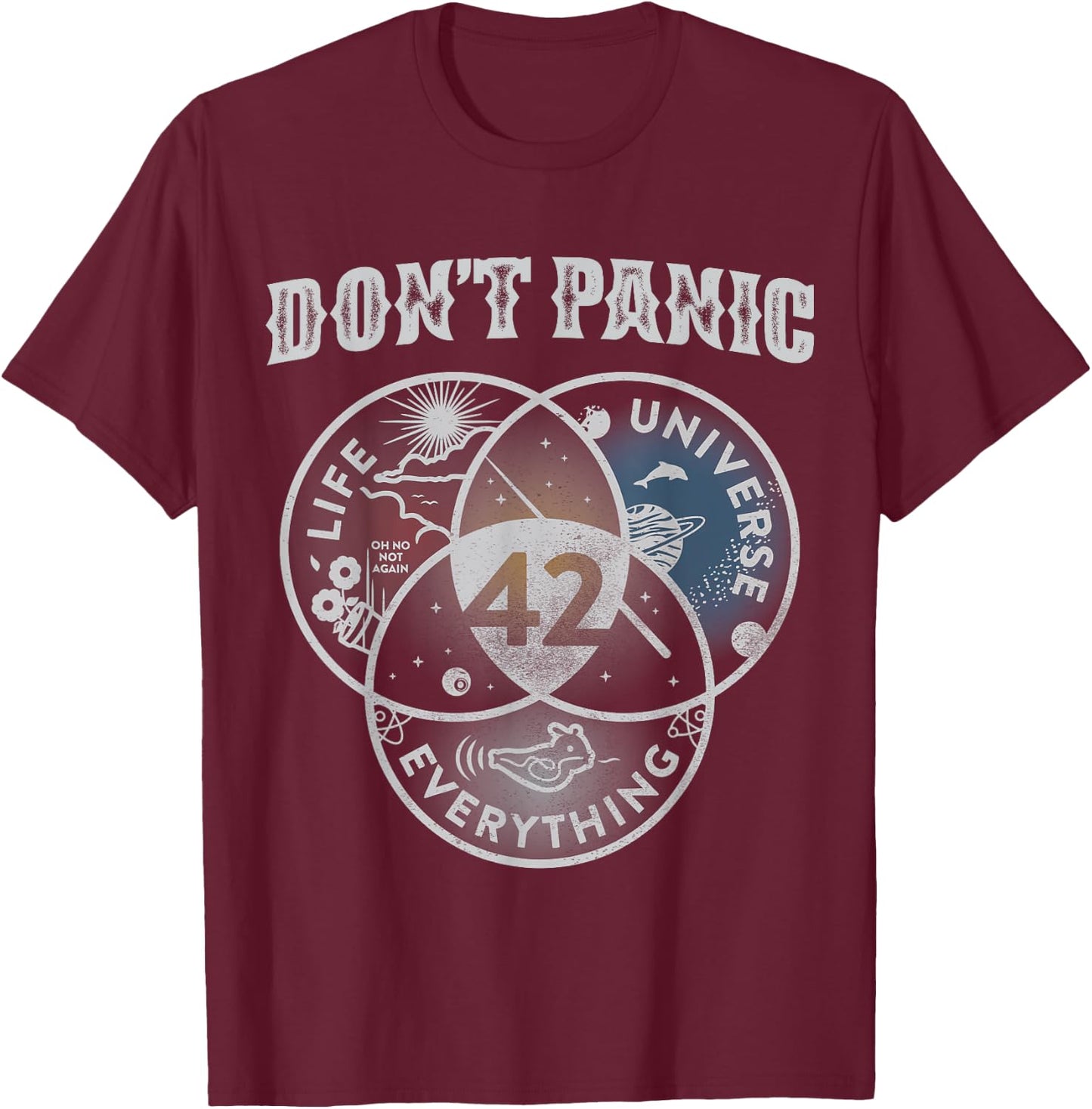Venn Diagram Don't Panic Life The Universe And Everything 42 T-Shirt - T-Shirt | Maroon