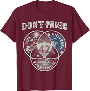 Venn Diagram Don't Panic Life The Universe And Everything 42 T-Shirt - T-Shirt | Maroon