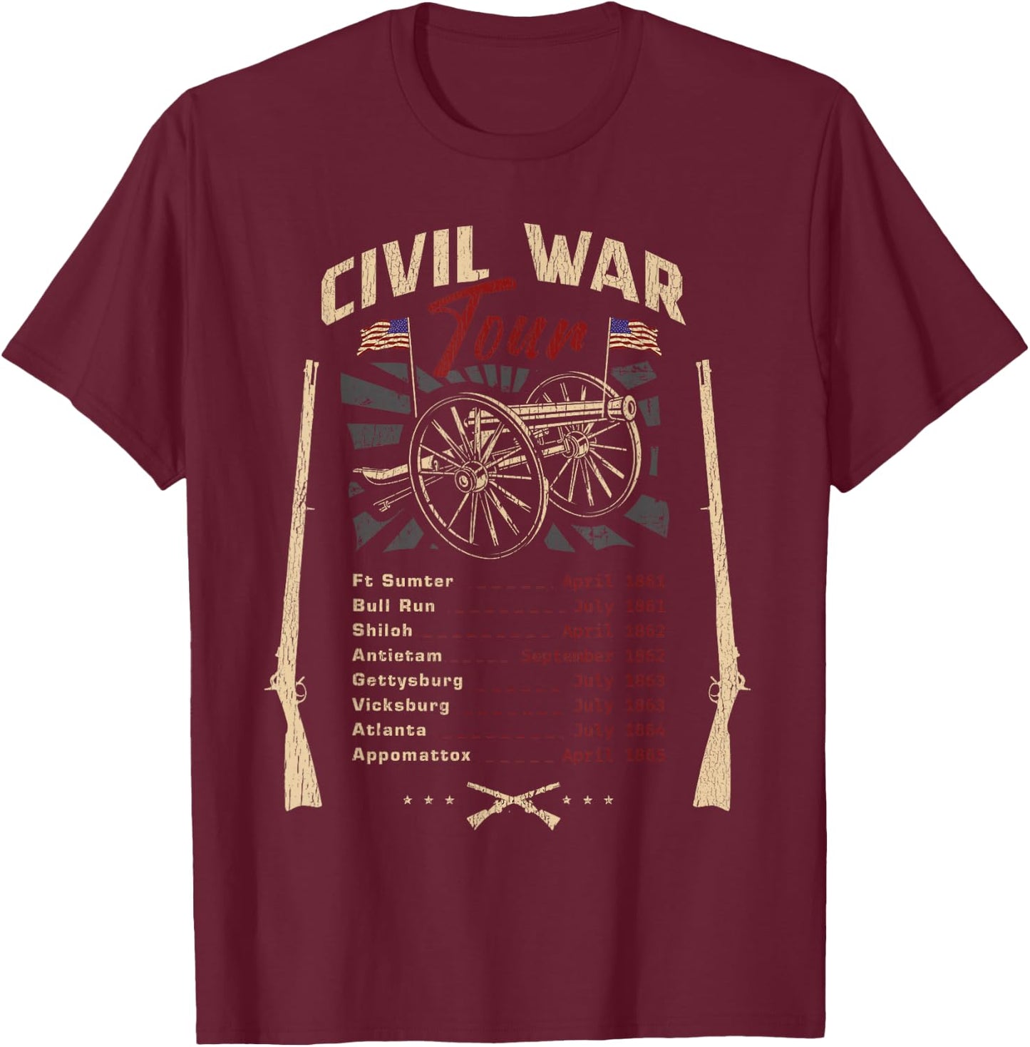 American Civil War Tour Battle Dates Reenactment Gettysburg T-Shirt - T-Shirt | Maroon