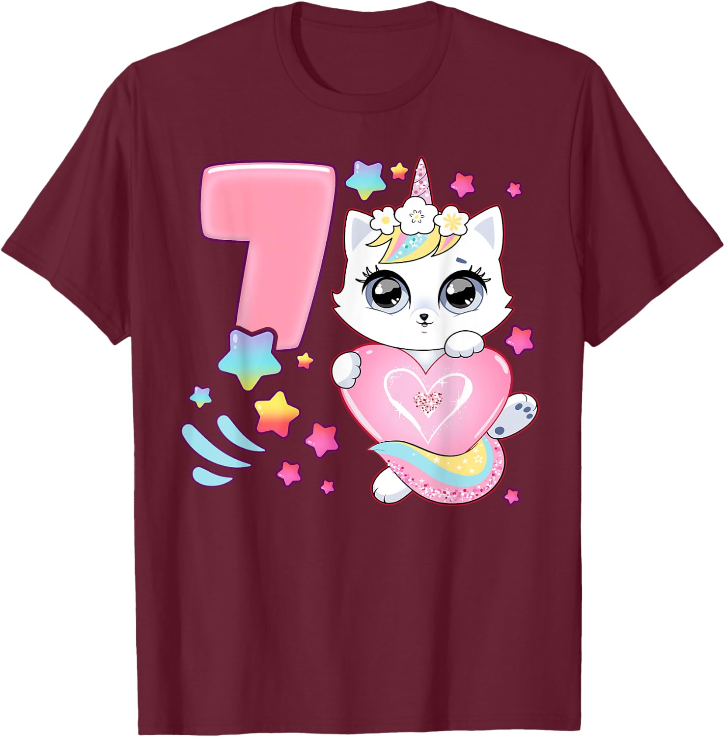 Birthday girl 7 years old, cat, unicorn, 7th birthday T-Shirt - T-Shirt | Maroon