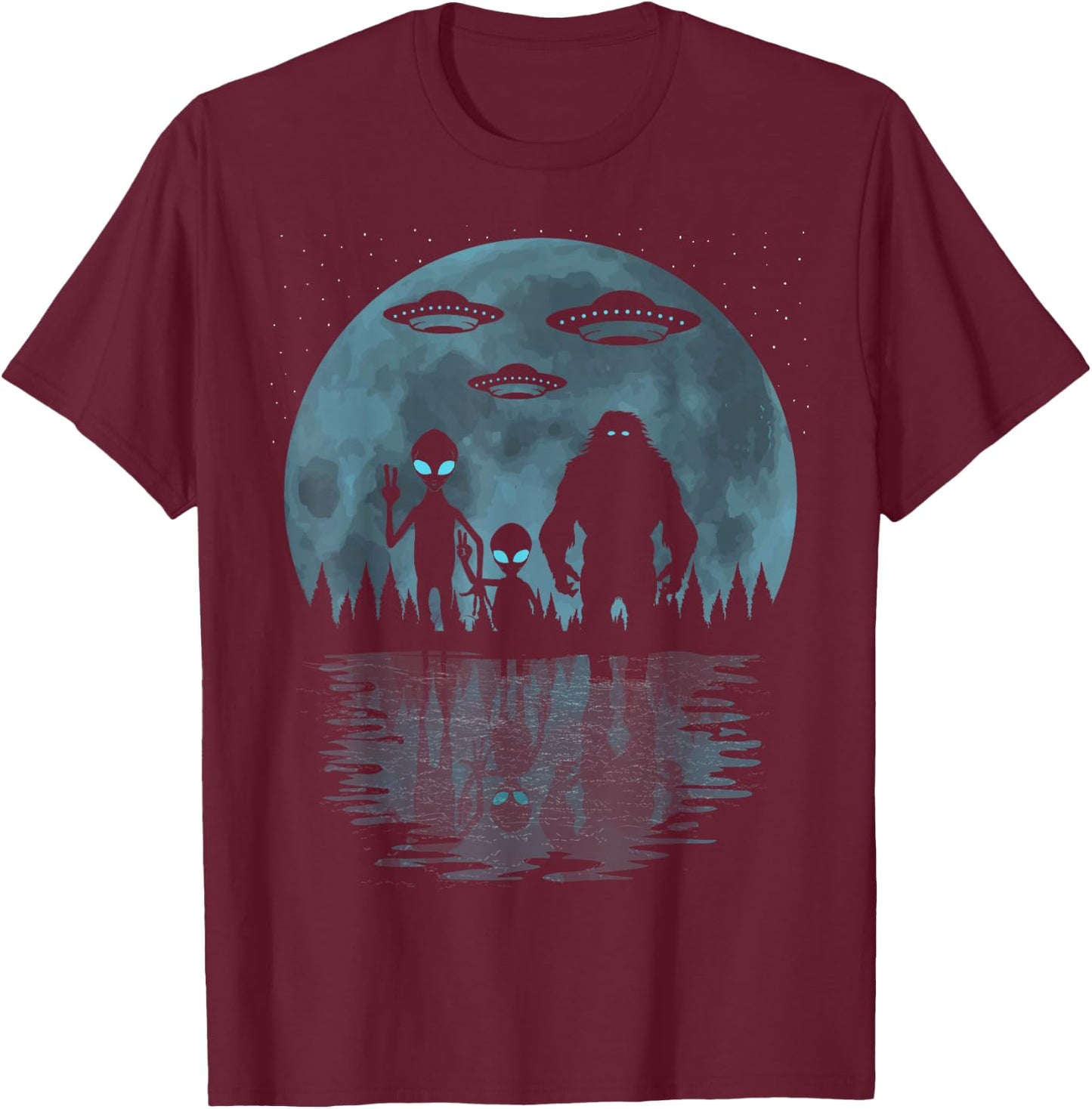 Alien And Bigfoot Moon, UFO's Funny Sasquatch And Aliens T-Shirt - T-Shirt | Maroon