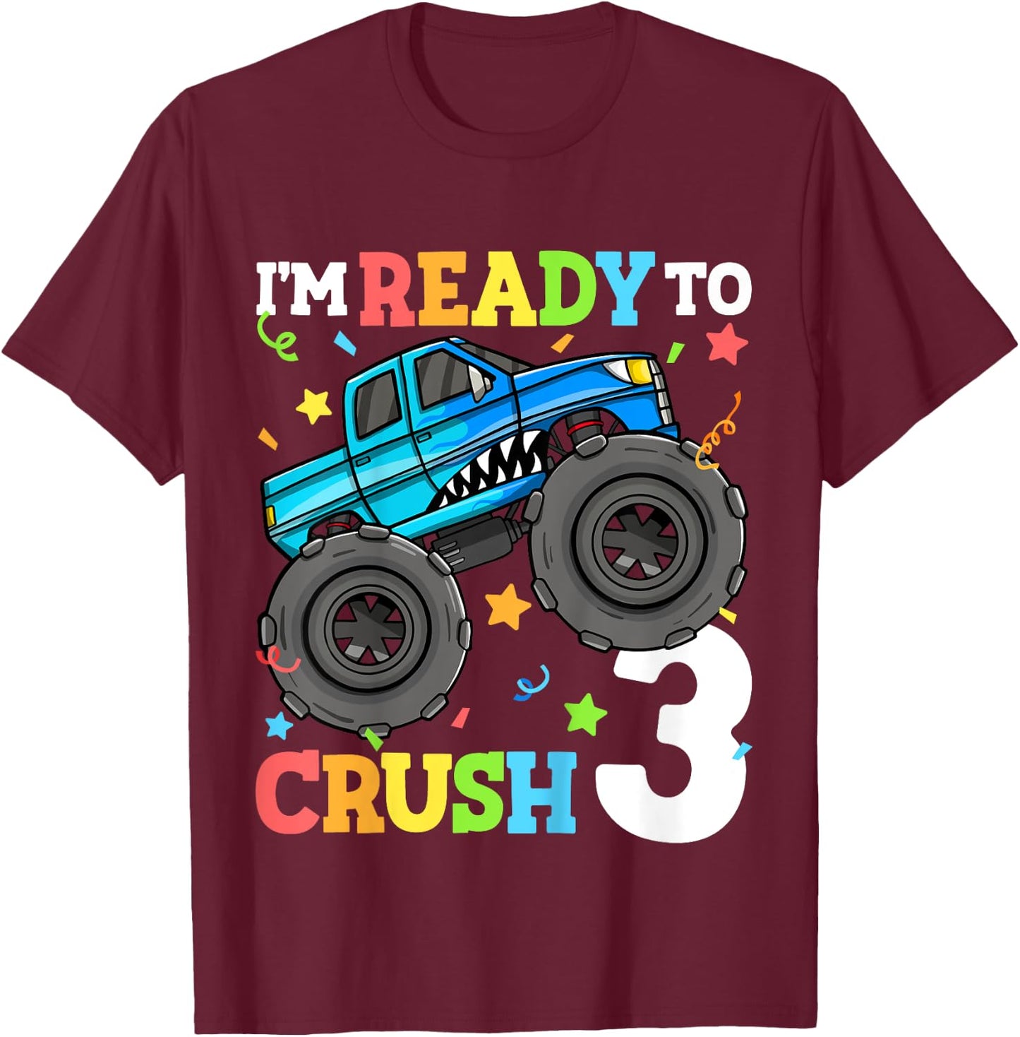 Kids Monster Truck Shark 3rd Birthday Boy Toddler 3 Three T-Shirt - T-Shirt | Maroon
