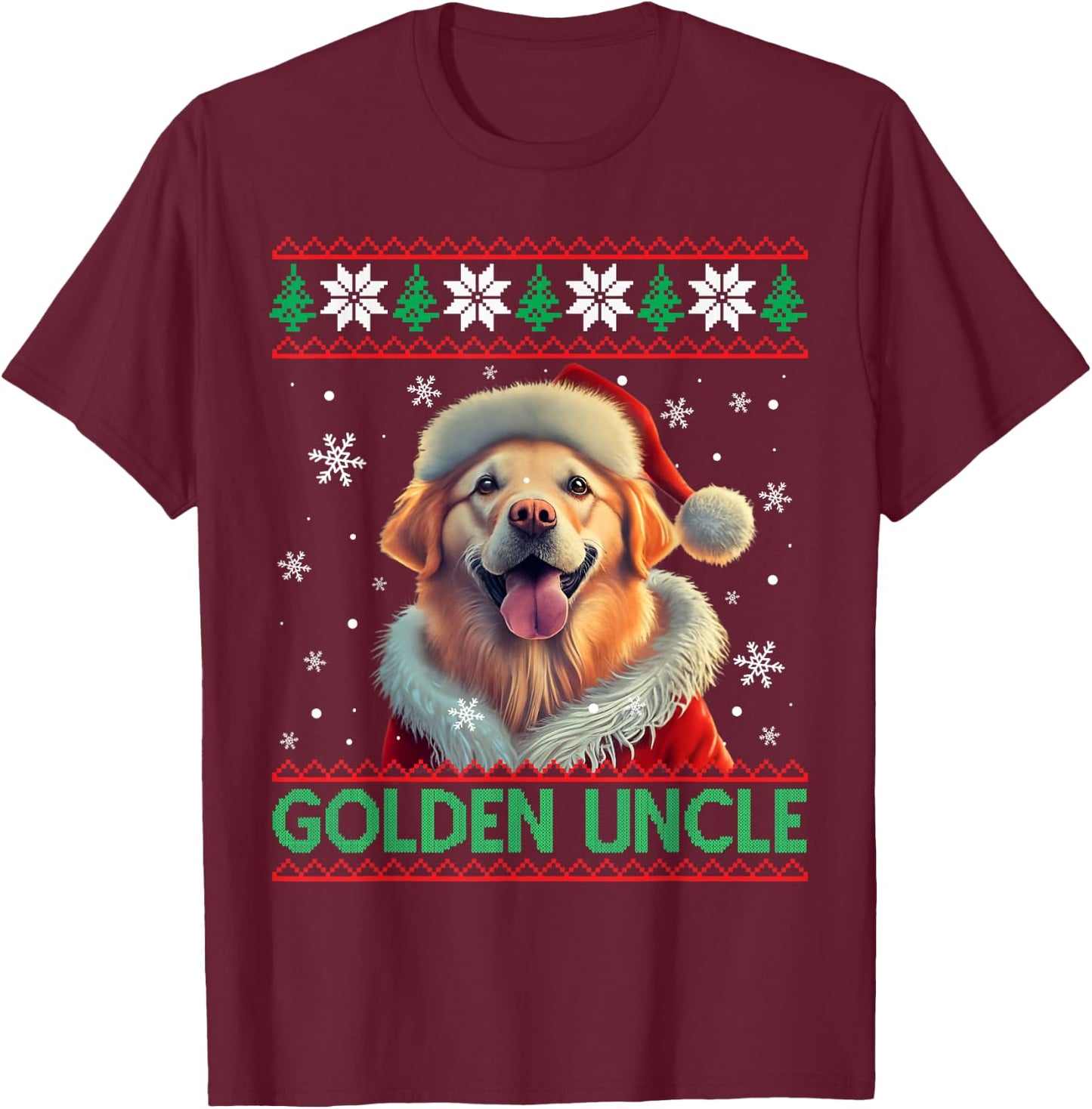 Golden Uncle Golden Retriever Santa Hat Ugly Christmas T-Shirt - T-Shirt | Maroon